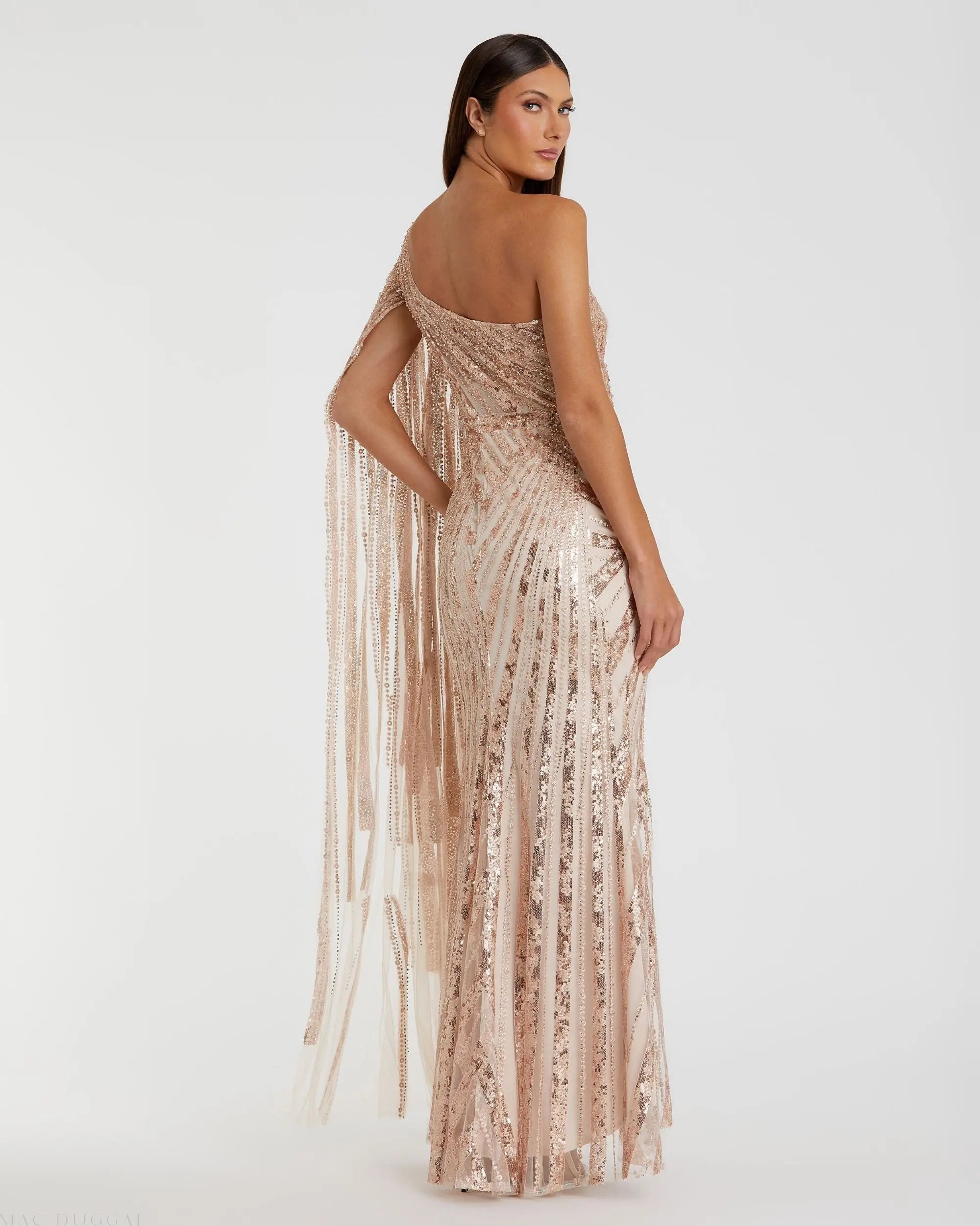 Rose Gold One Shoulder Cape Sleeve Embellished Gown - Mac Duggal