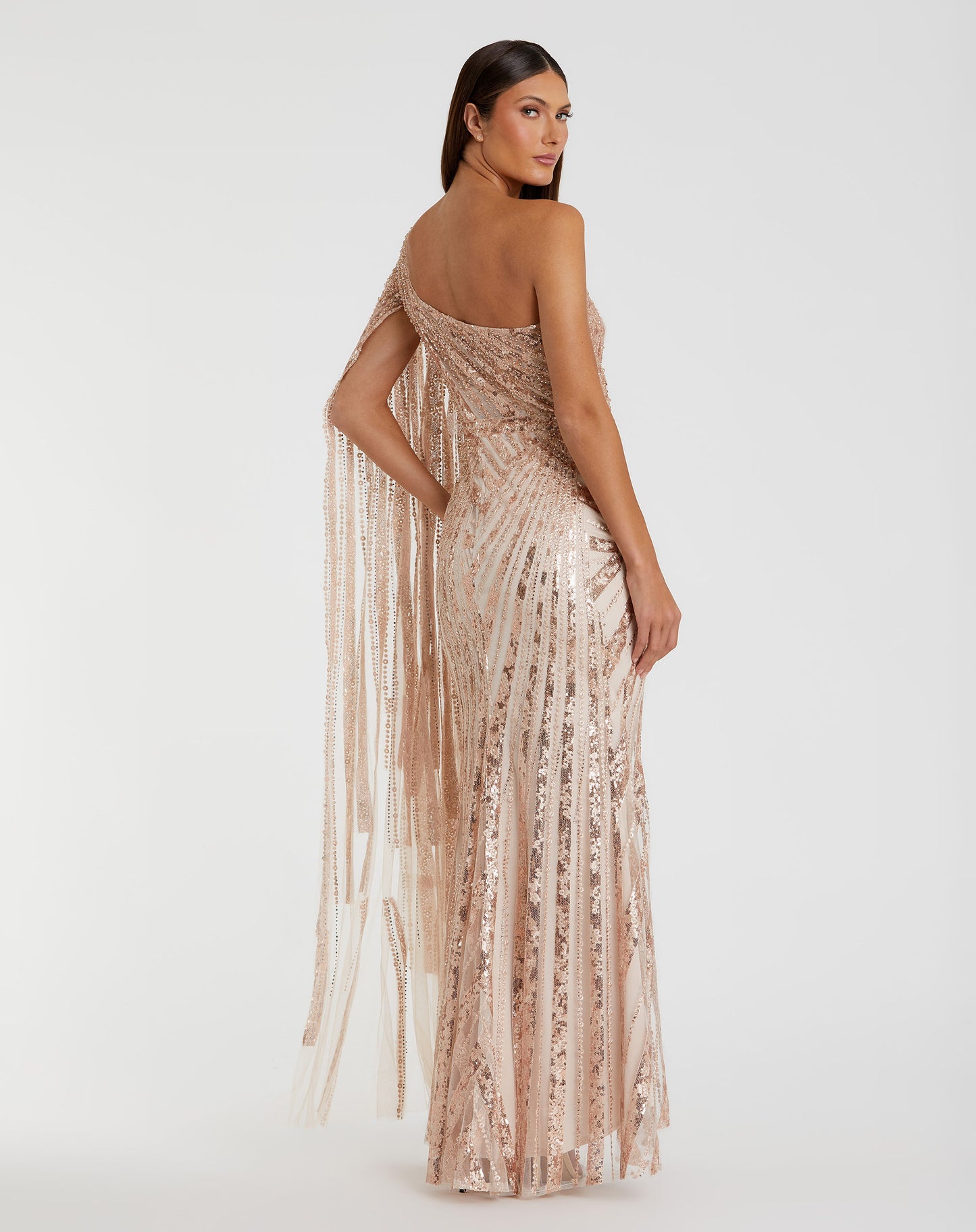 One Shoulder Cape Sleeve Embellished Gown