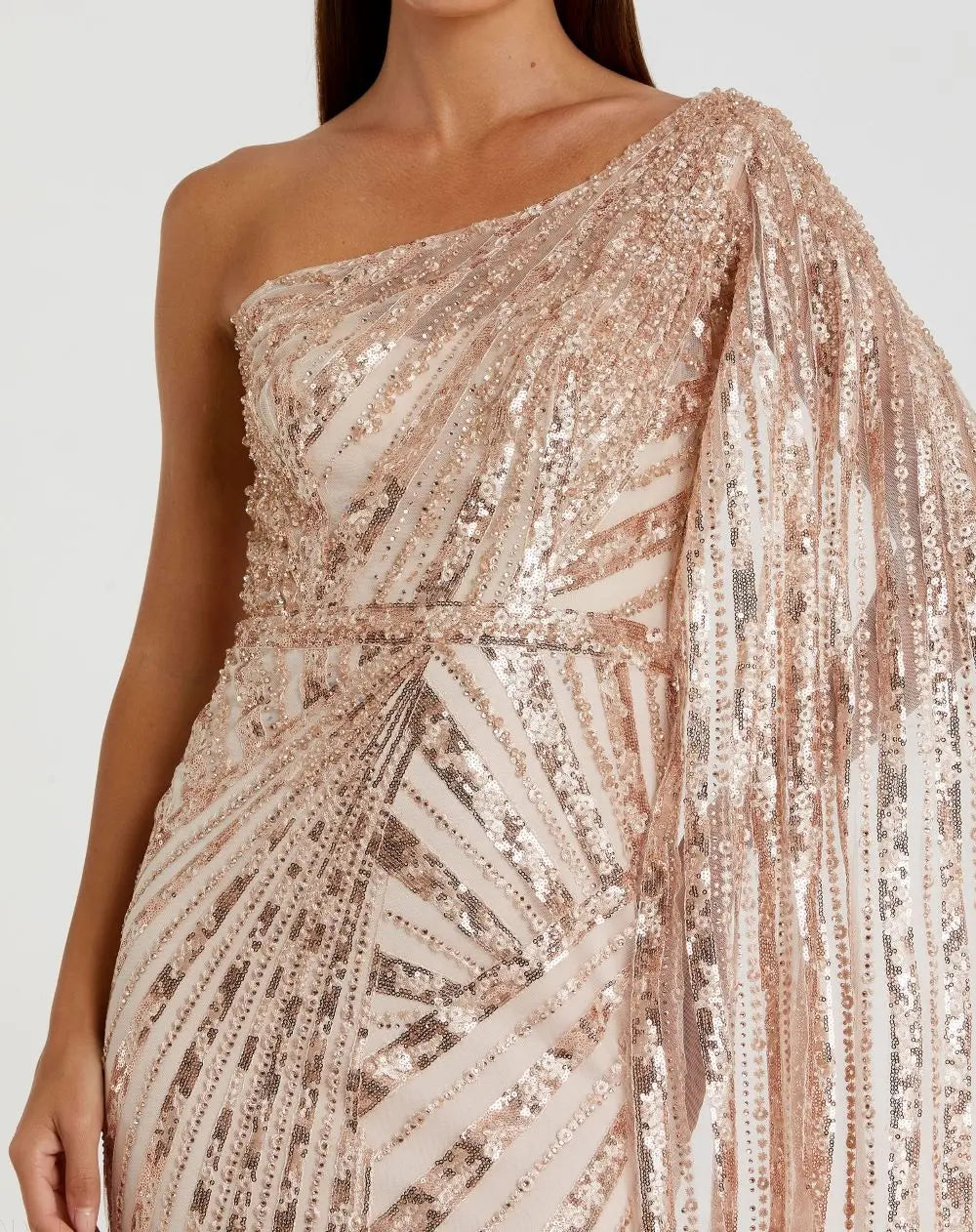 Rose Gold One Shoulder Cape Sleeve Embellished Gown - Mac Duggal