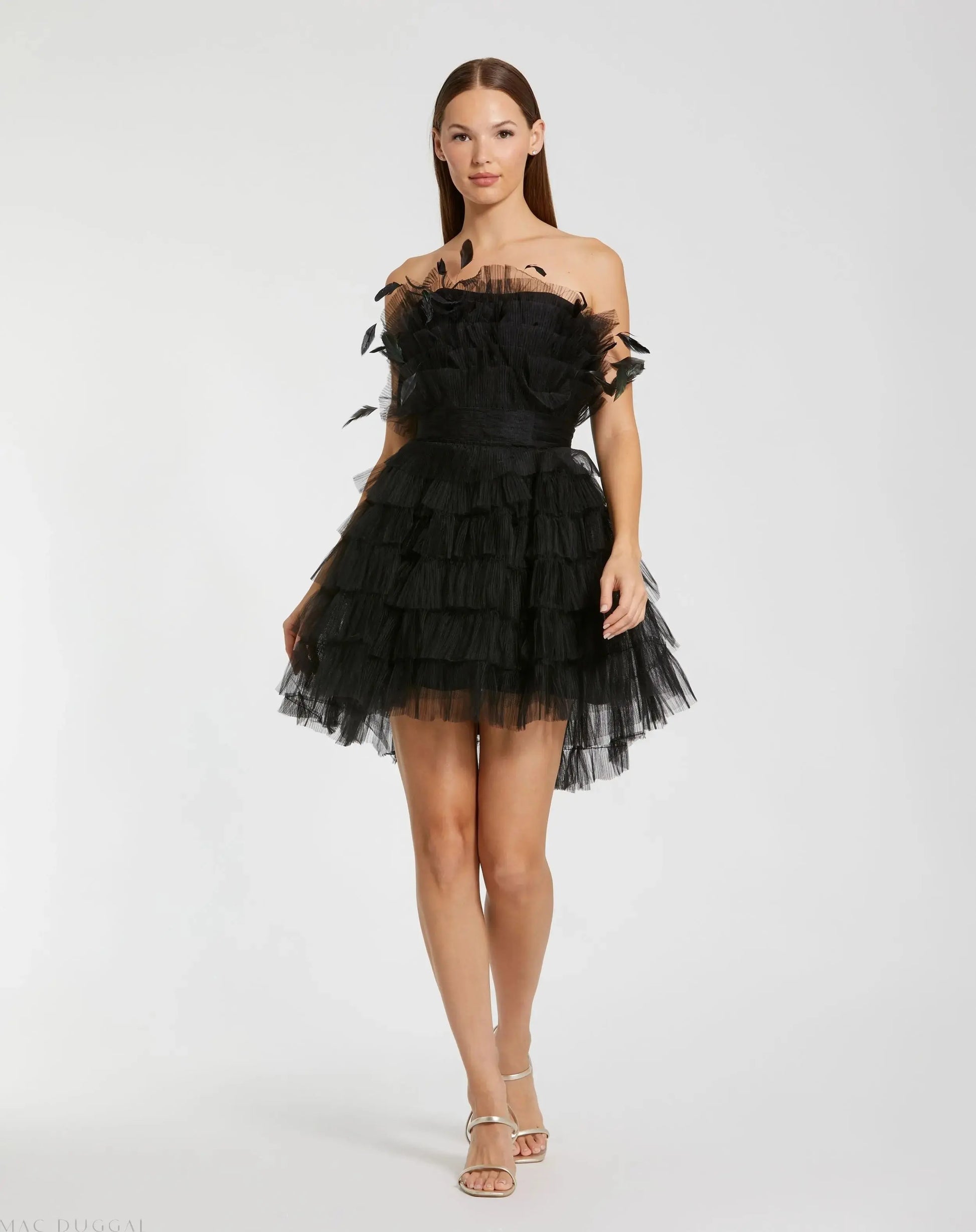 Black Feathered Strapless Tulle Fit and Flare Dress - Mac Duggal US 2 Black Feathered Strapless Tulle Fit and Flare Dress - Mac Duggal US 2