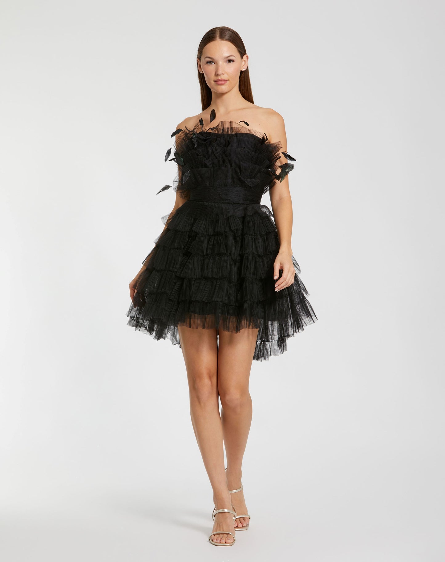 Feathered Strapless Tulle Fit and Flare Dress