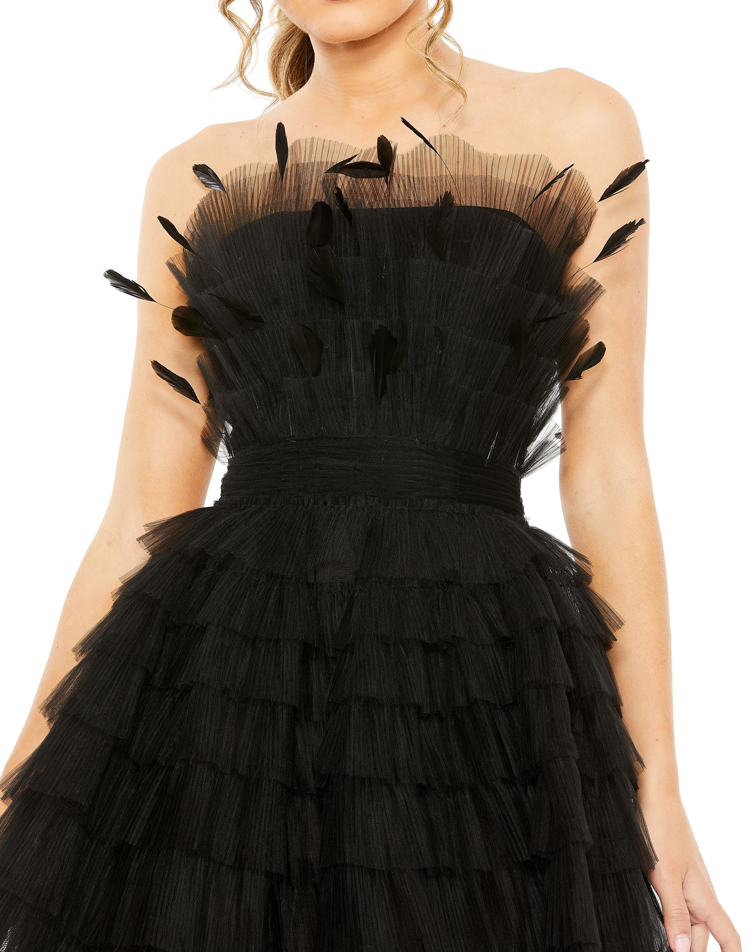 Feathered Strapless Tulle Fit and Flare Dress