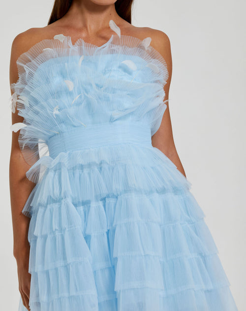 Feathered Strapless Tulle Fit and Flare Dress - Powder Blue