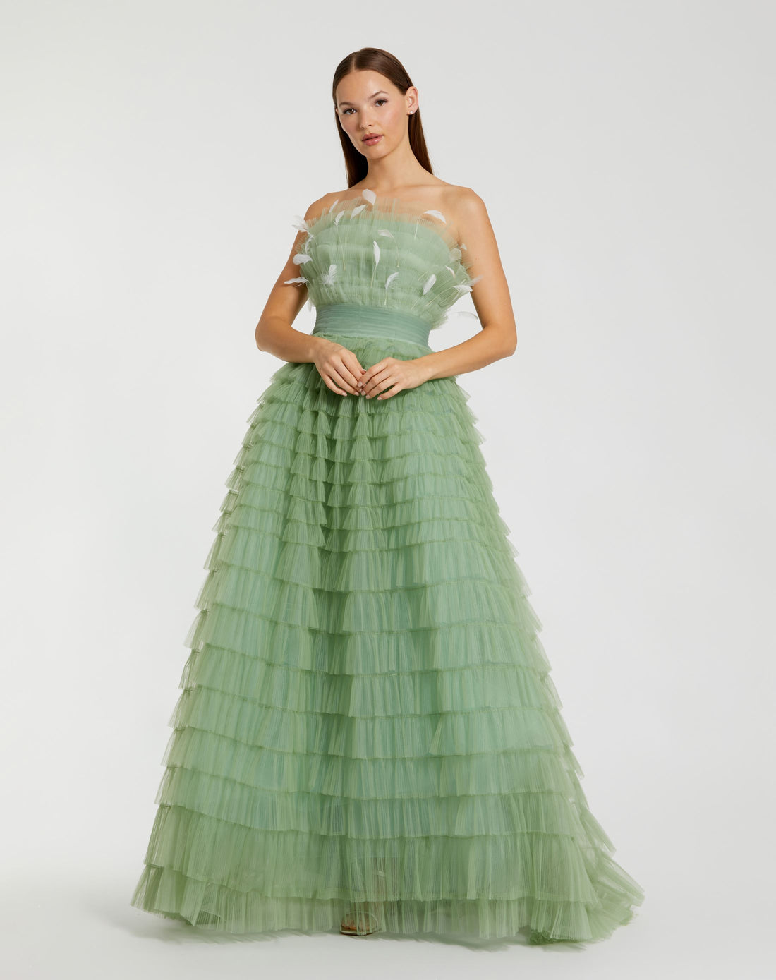 Strapless Ruffle Gown with Feathers