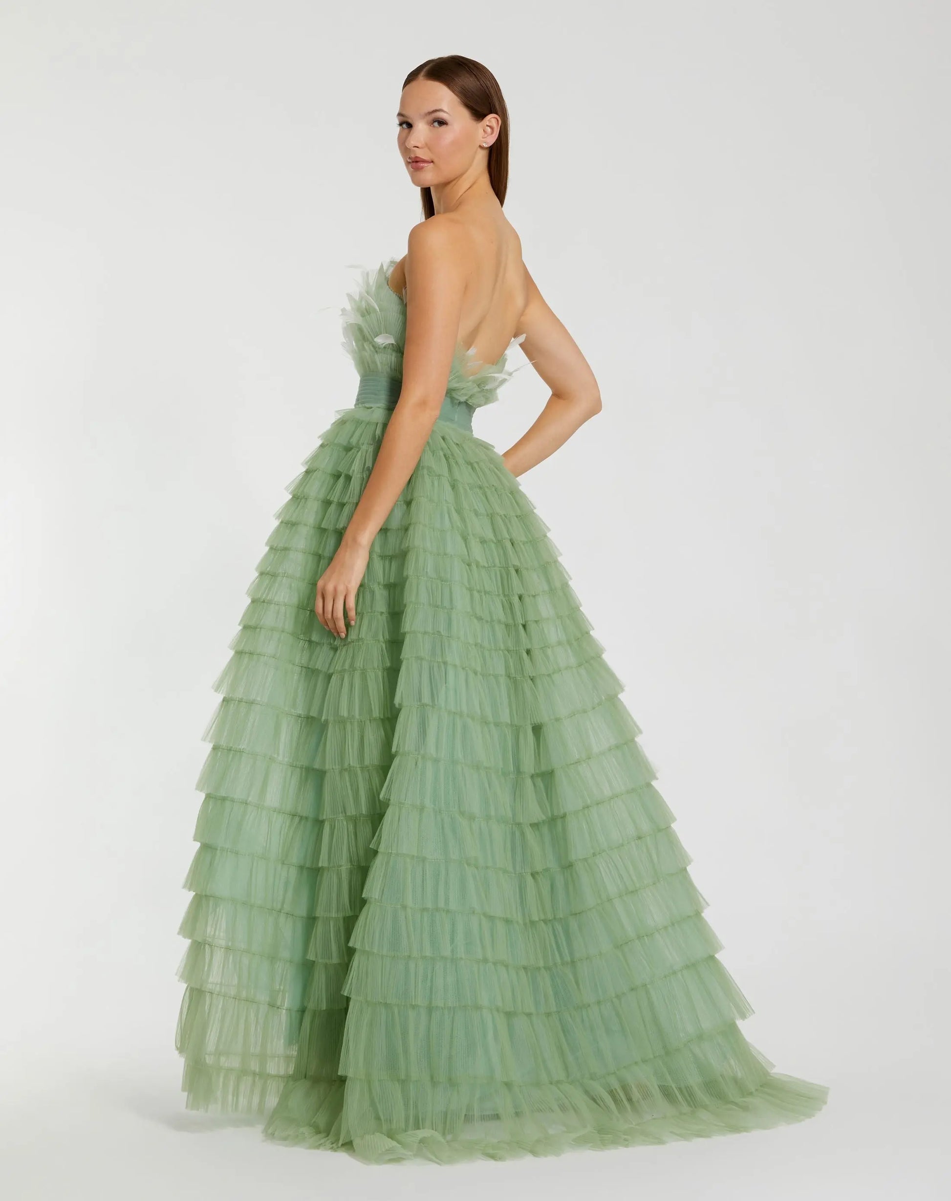 Mac Duggal - Strapless Ruffle Gown with Feathers - Sage Mac Duggal - Strapless Ruffle Gown with Feathers - Sage
