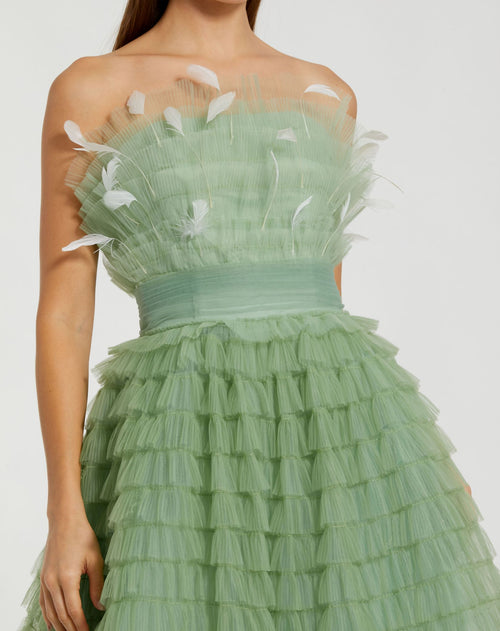 Strapless Ruffle Gown with Feathers