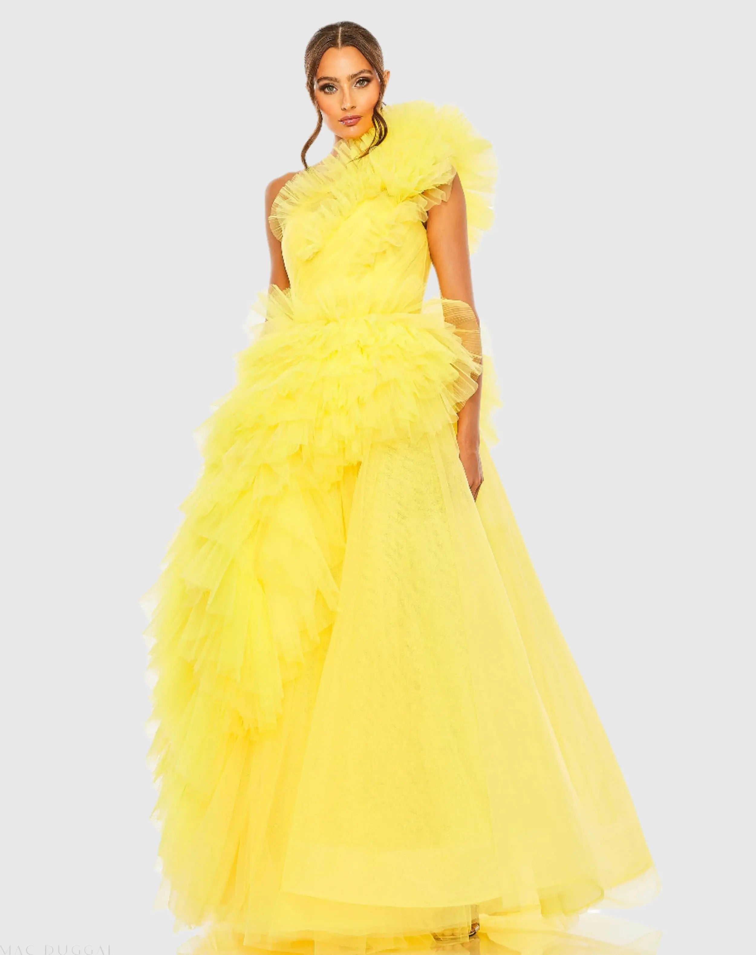 Yellow Tulle Ruffled One Shoulder Gown - Mac Duggal