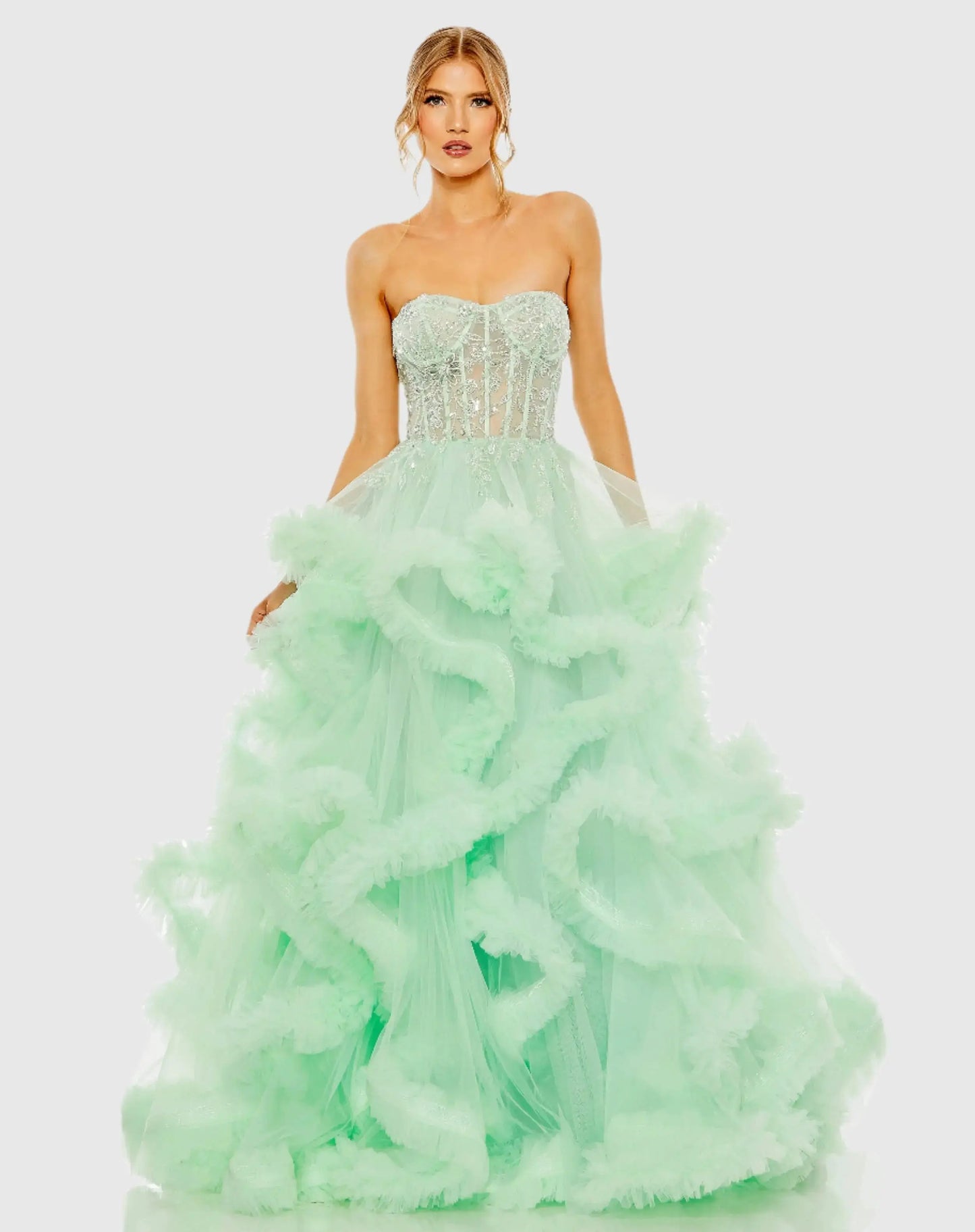 Green Strapless Corset Detail Tulle Layered Gown - Mac Duggal