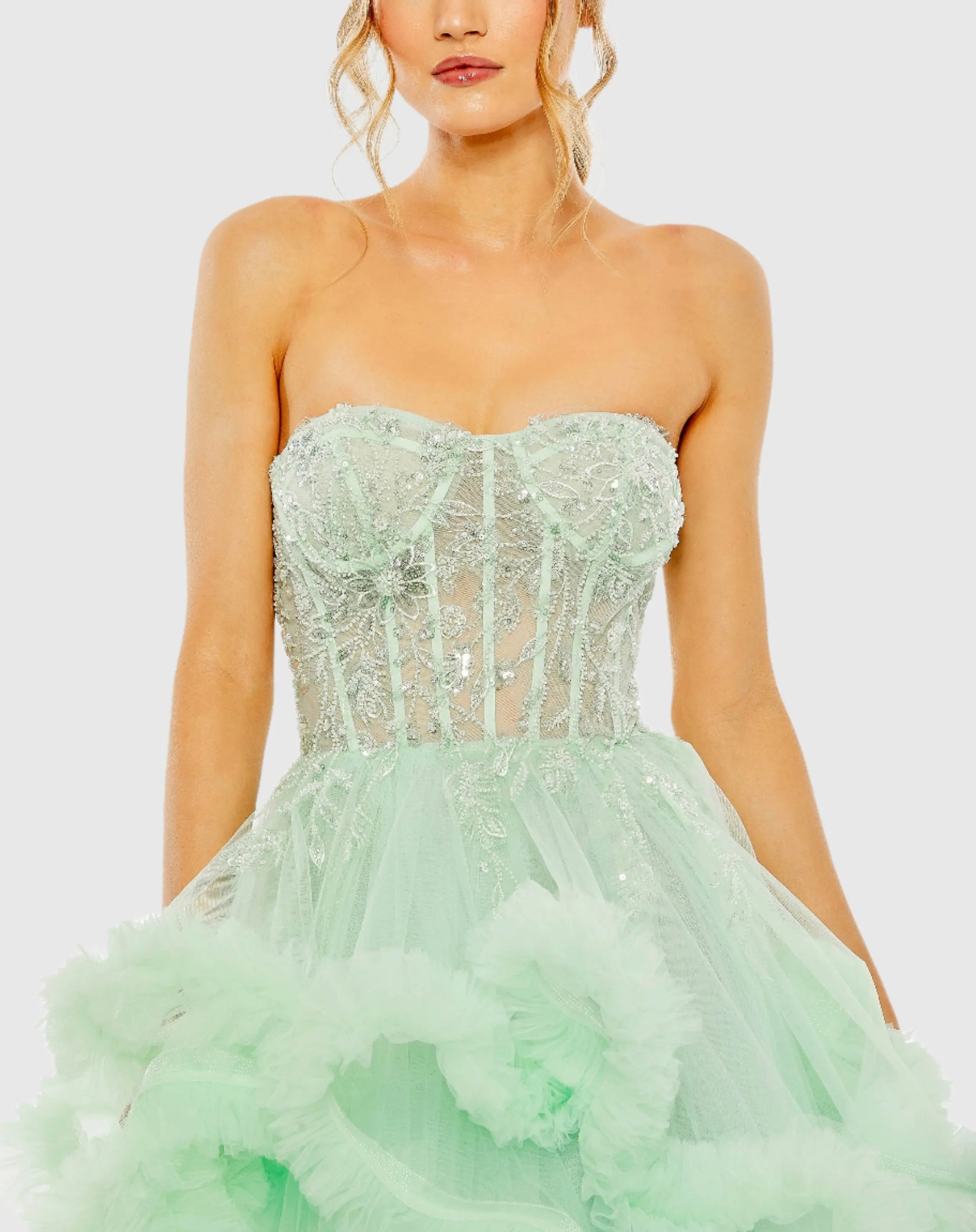 Green Strapless Corset Detail Tulle Layered Gown - Mac Duggal