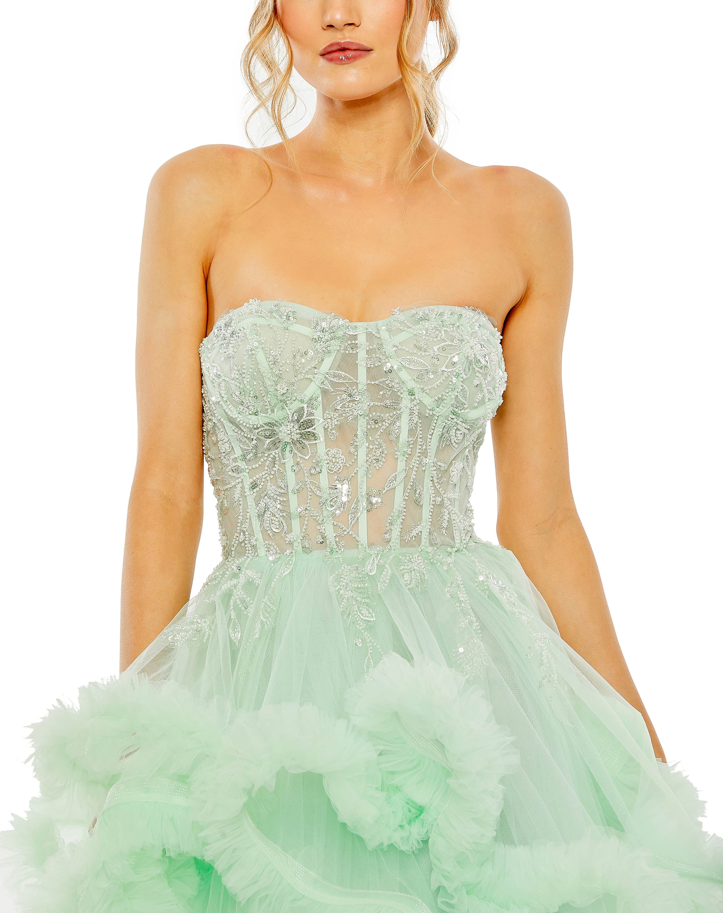 Strapless Corset Detail Tulle Layered Gown