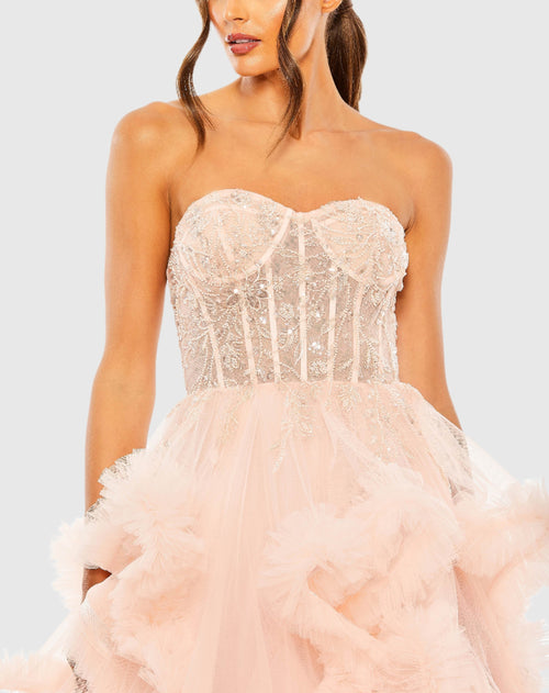 Strapless Corset Detail Tulle Layered Gown