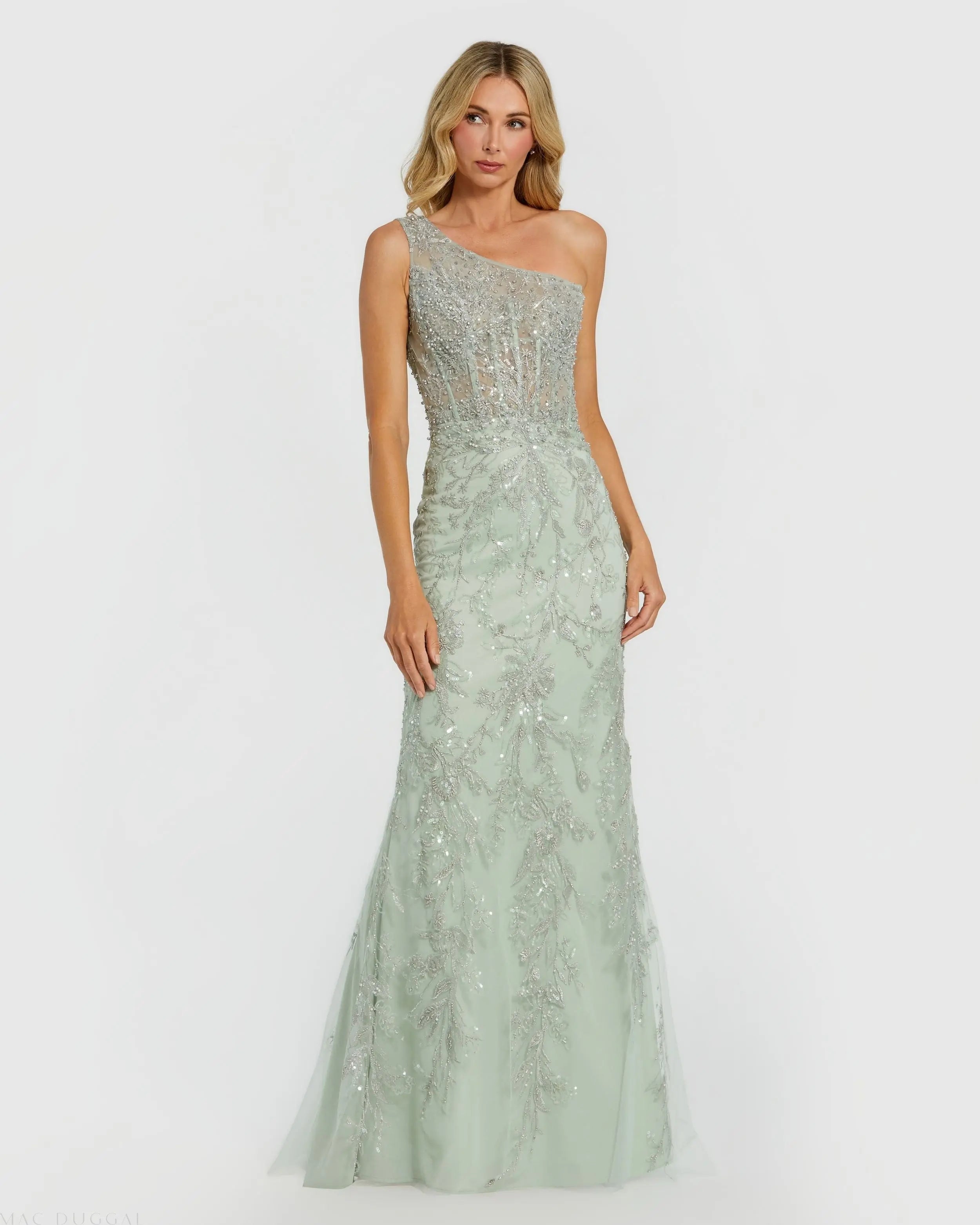 Mac Duggal - Green Embellished One Shoulder Trumpet Gown With Flower - Sage / US 10 Mac Duggal - Green Embellished One Shoulder Trumpet Gown With Flower - Sage / US 10