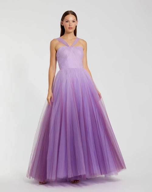 Cross Front Strap Ombre Tulle Gown