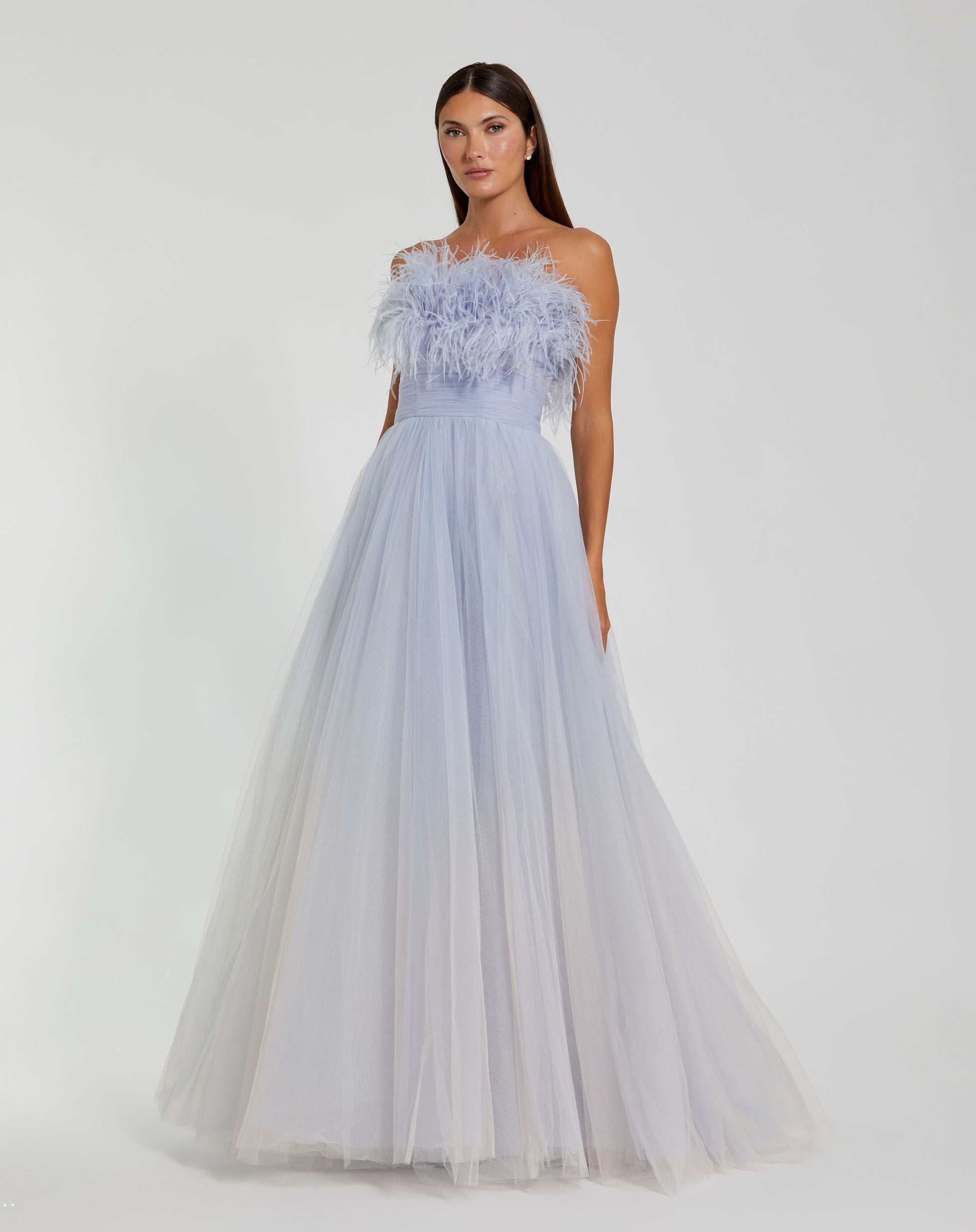 Strapless Feather Bodice Tulle Gown