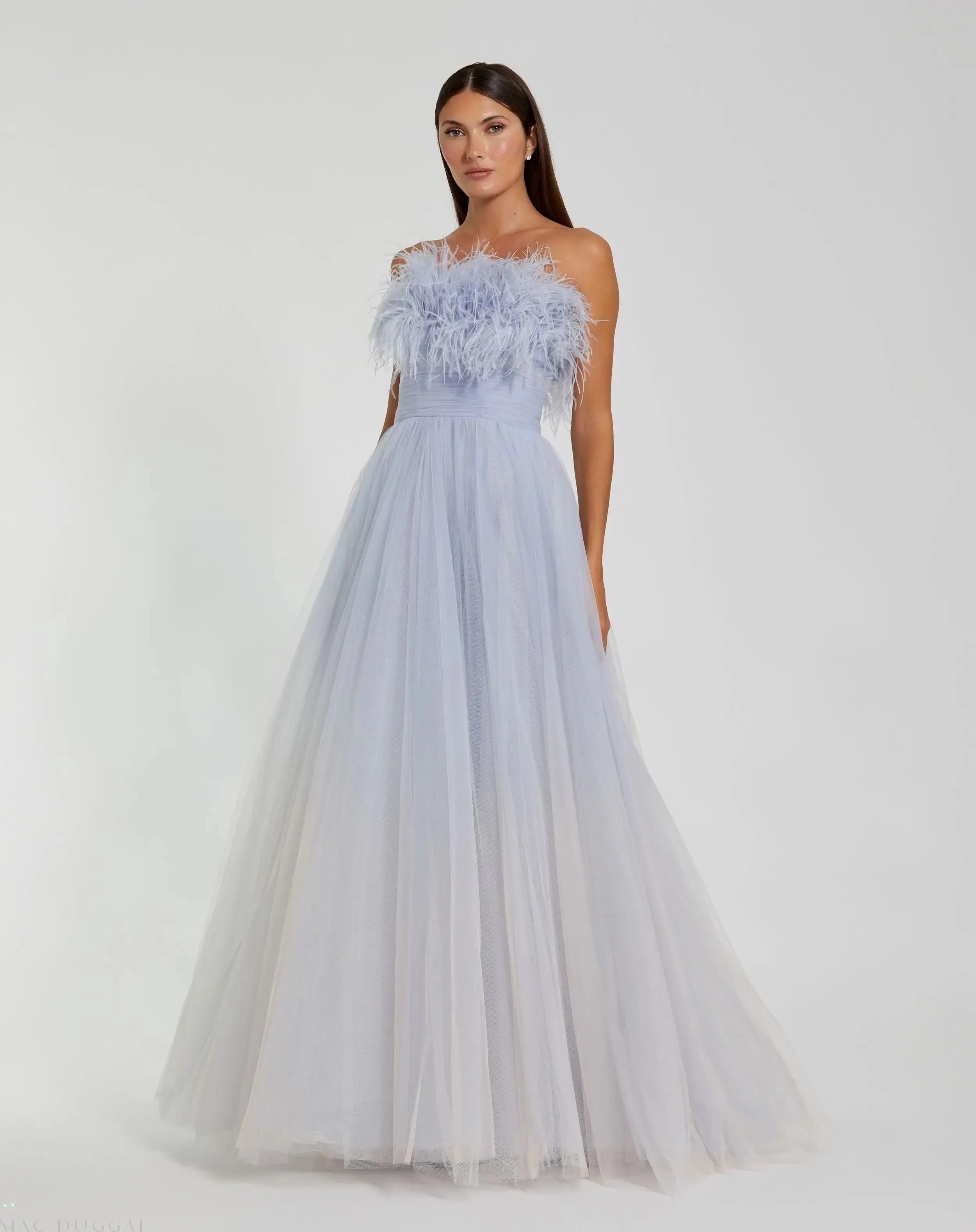 Blue Strapless Feather Bodice Tulle Gown - Mac Duggal