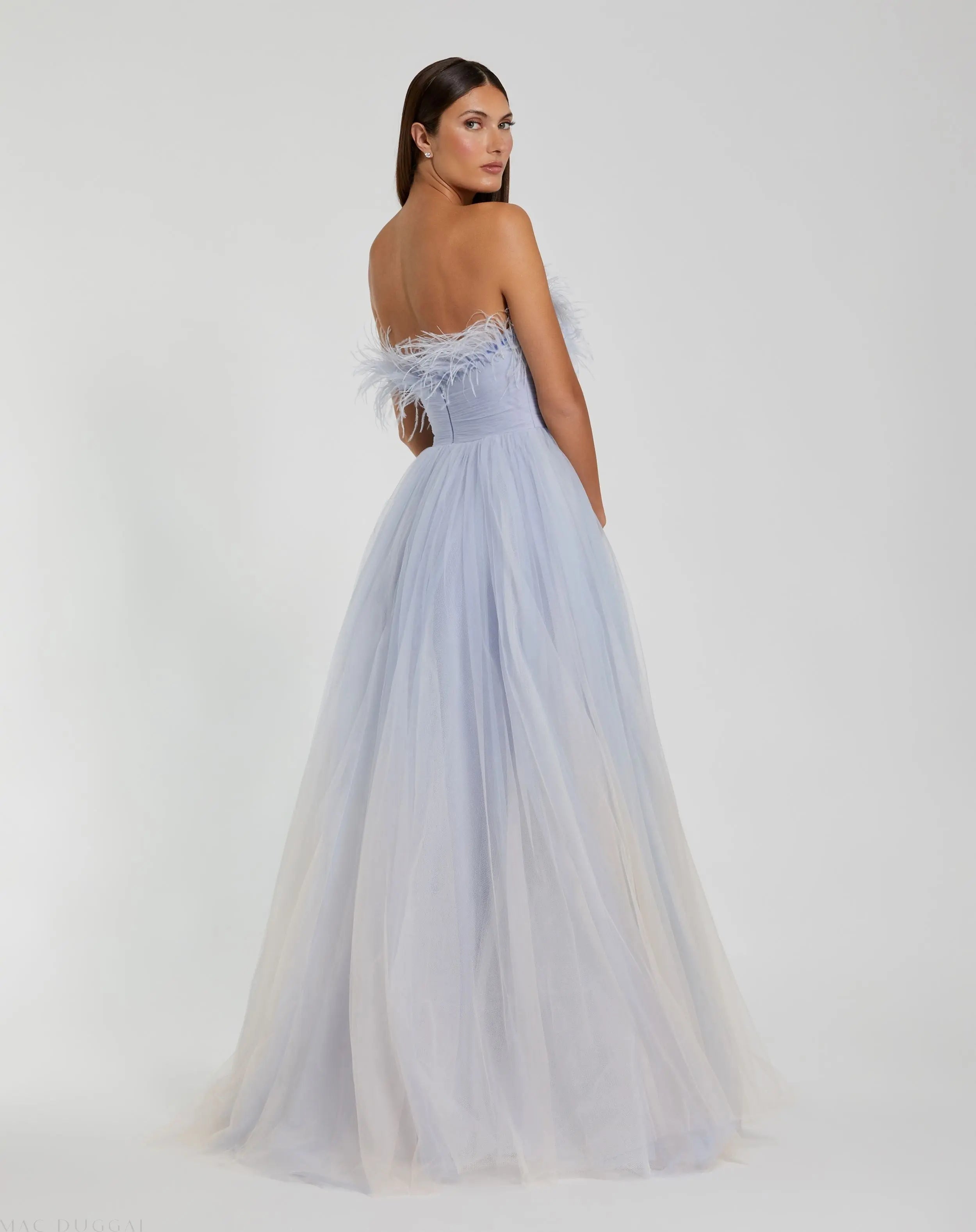 Blue Ombre Strapless Feather Bodice Tulle Gown - Mac Duggal