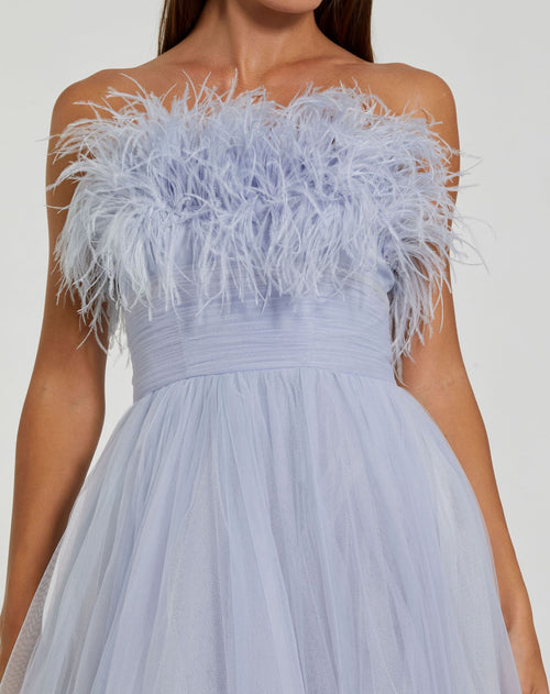 Strapless Feather Bodice Tulle Gown