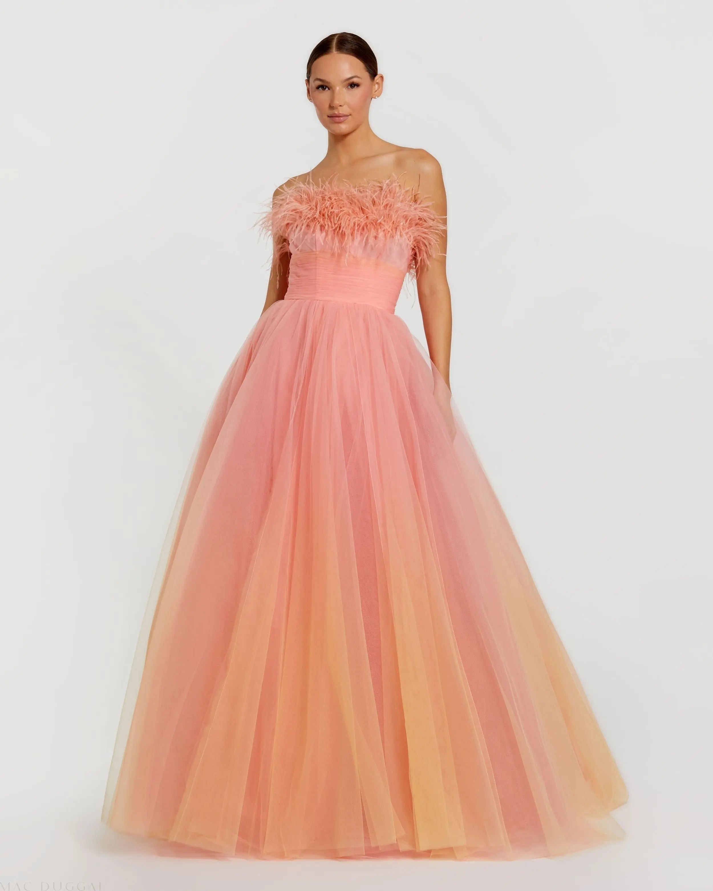 Orange and Pink Ombre Strapless Feather Bodice Tulle Gown - Mac Duggal