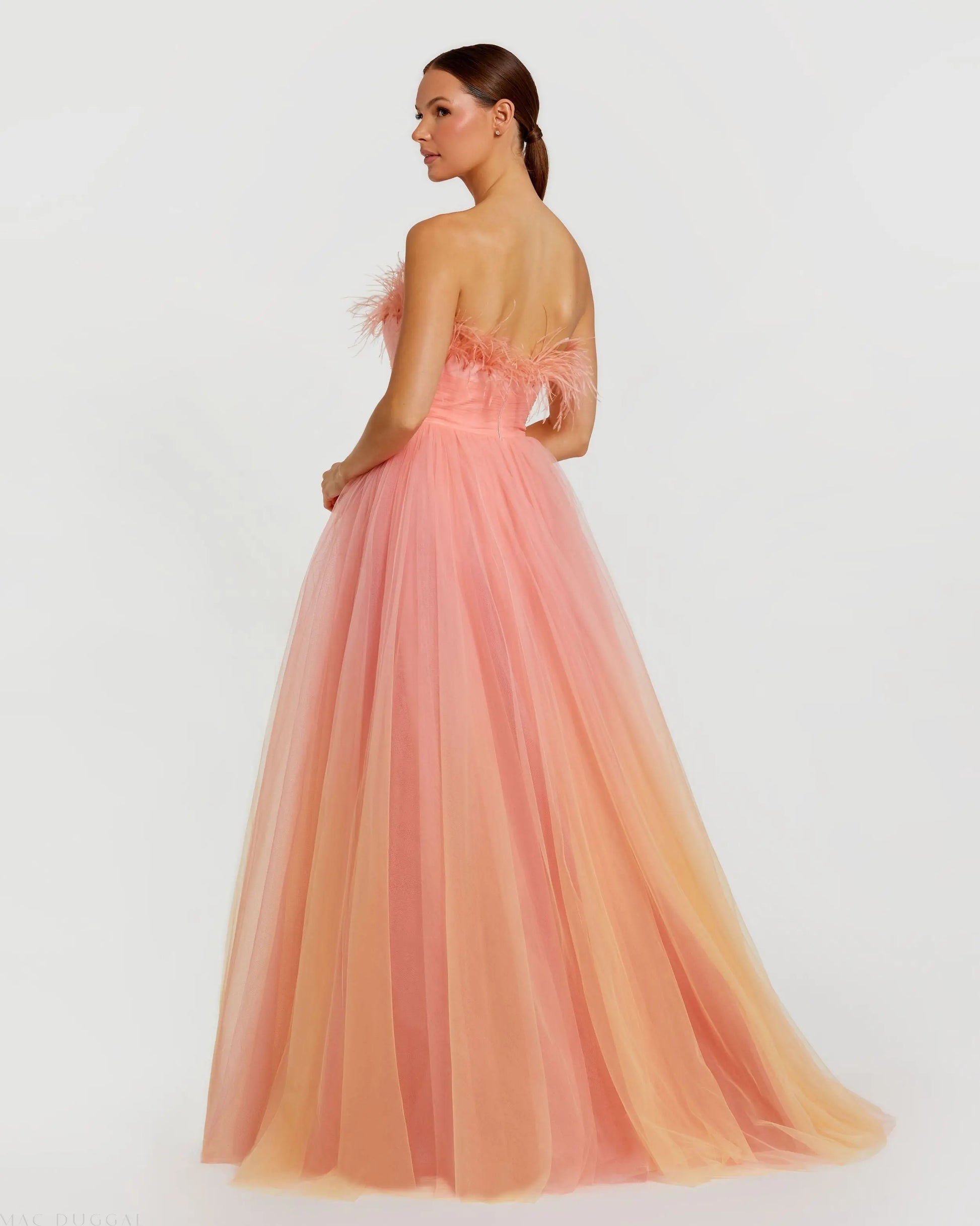 Mac Duggal - Orange and Pink Ombre Strapless Feather Bodice Tulle Gown Mac Duggal - Orange and Pink Ombre Strapless Feather Bodice Tulle Gown