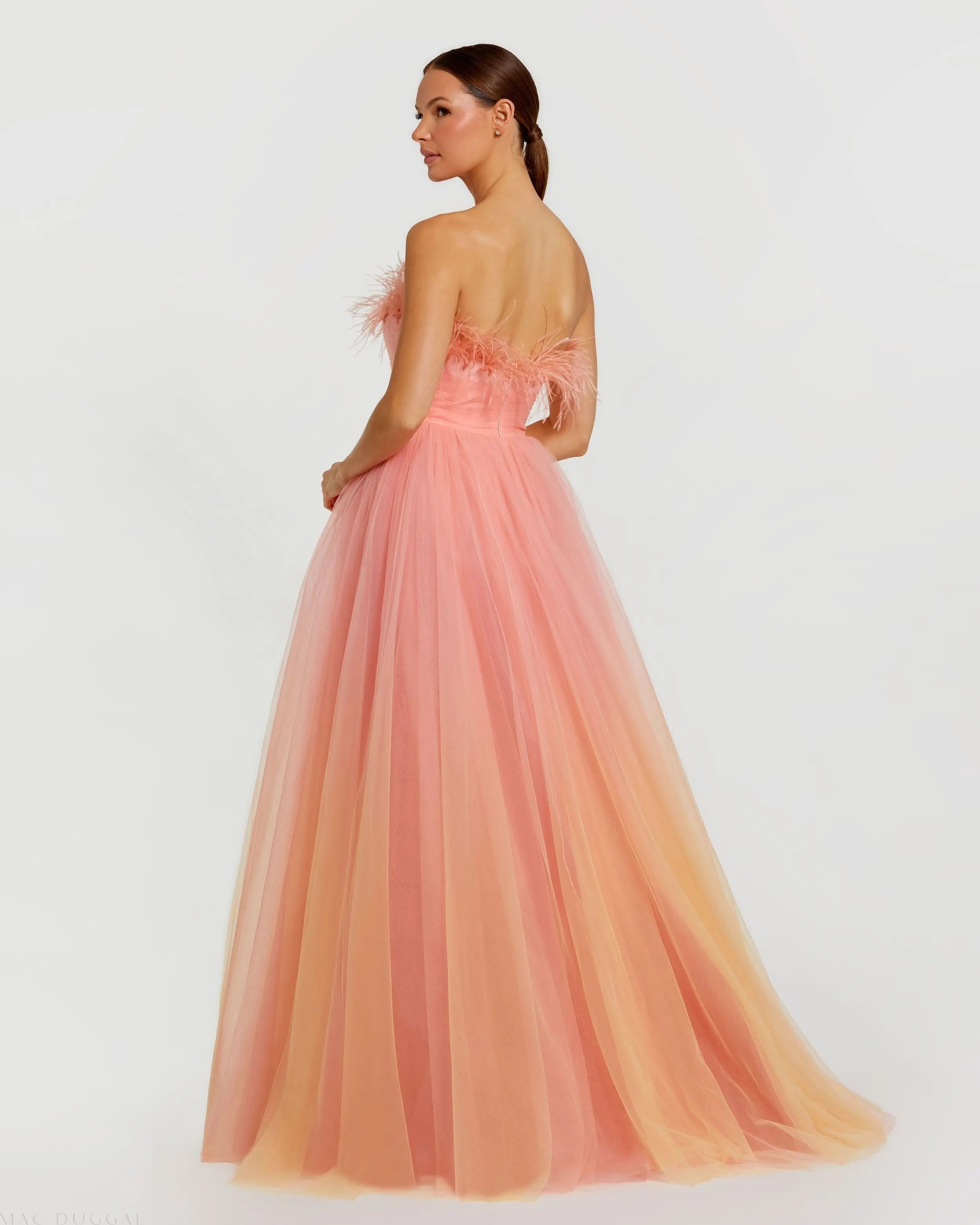 Orange and Pink Ombre Strapless Feather Bodice Tulle Gown Mac Duggal