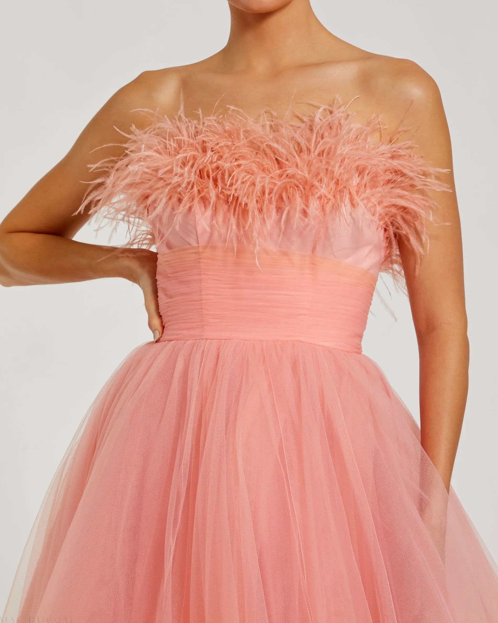 Orange and Pink Ombre Strapless Feather Bodice Tulle Gown - Mac Duggal Orange and Pink Ombre Strapless Feather Bodice Tulle Gown - Mac Duggal