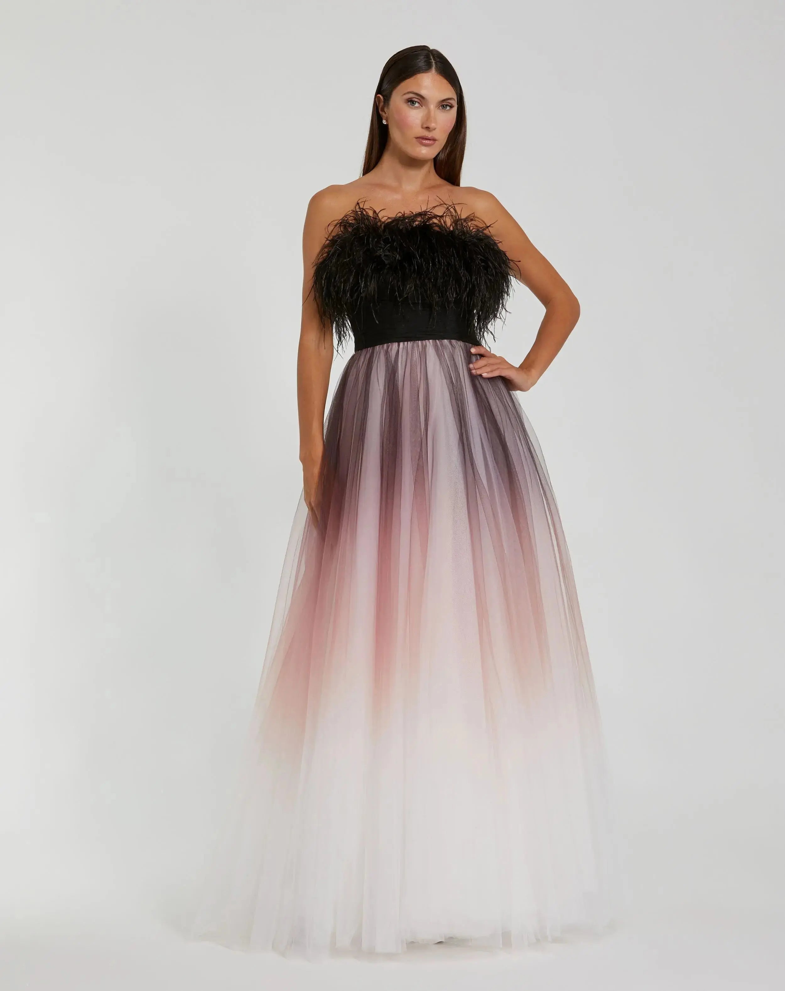 Black Ombre Strapless Feather Bodice Tulle Gown - Mac Duggal
