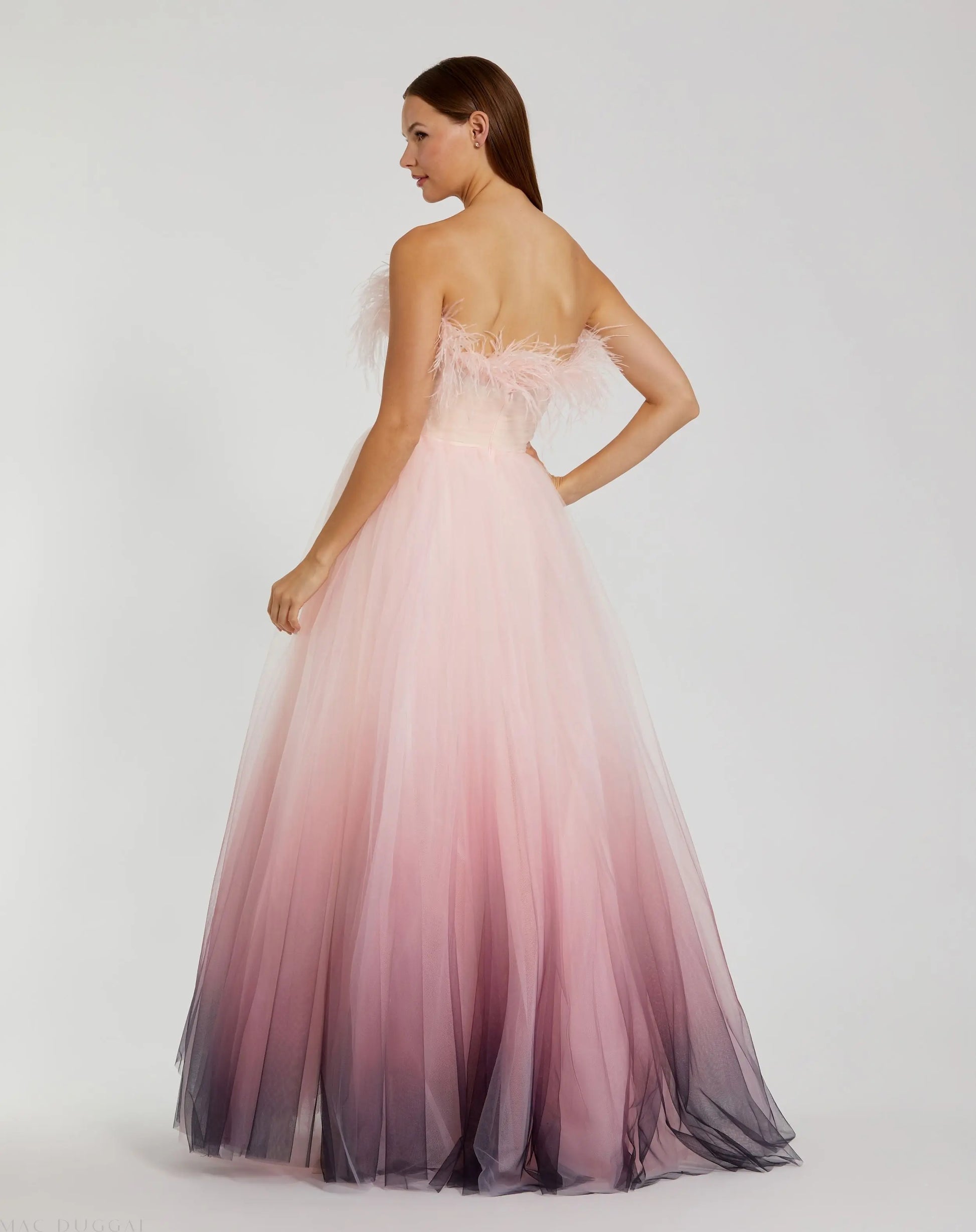 Pink Ombre Strapless Feather Bodice Tulle Gown - Mac Duggal Pink Ombre Strapless Feather Bodice Tulle Gown - Mac Duggal