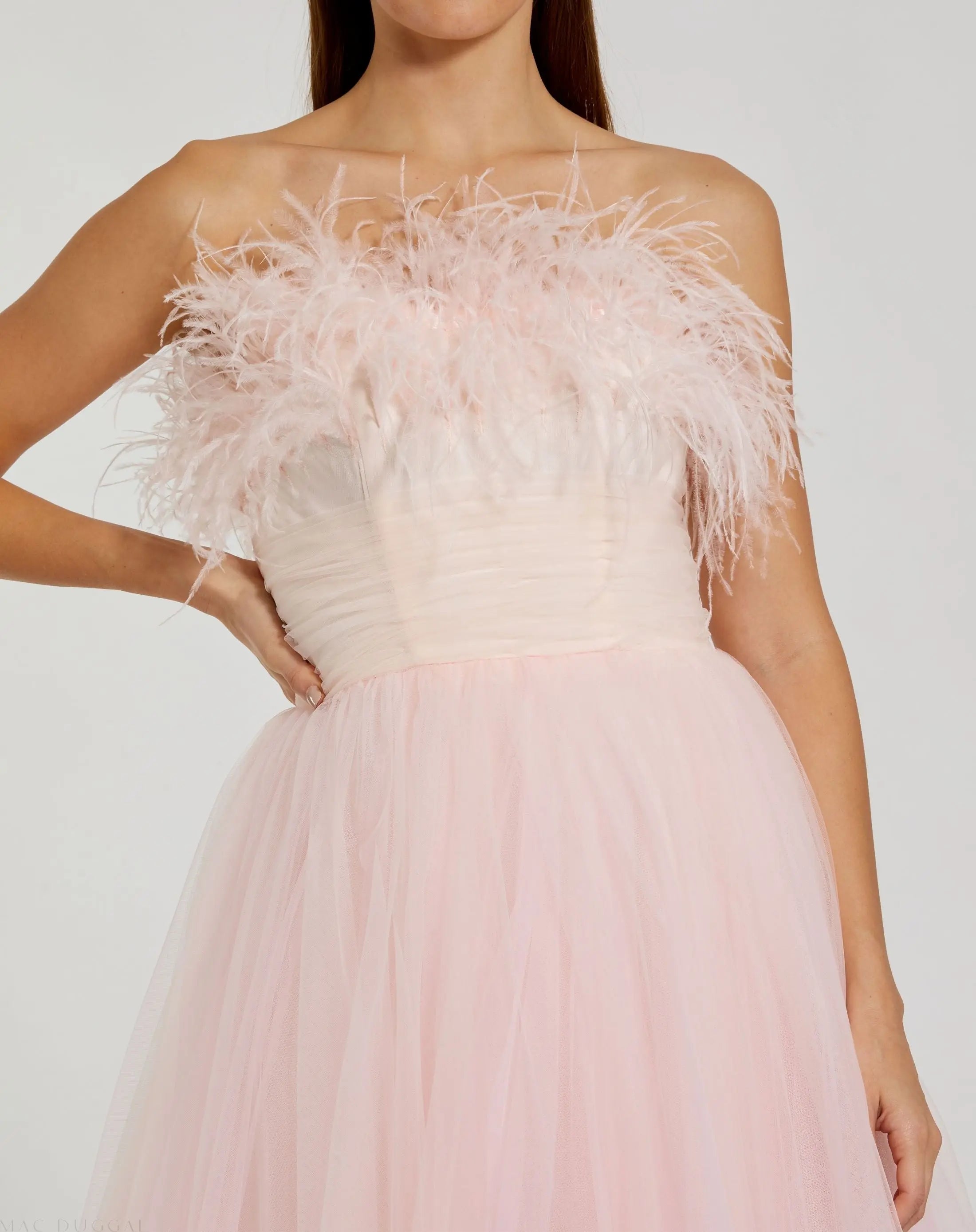 Pink Ombre Strapless Feather Bodice Tulle Gown - Mac Duggal