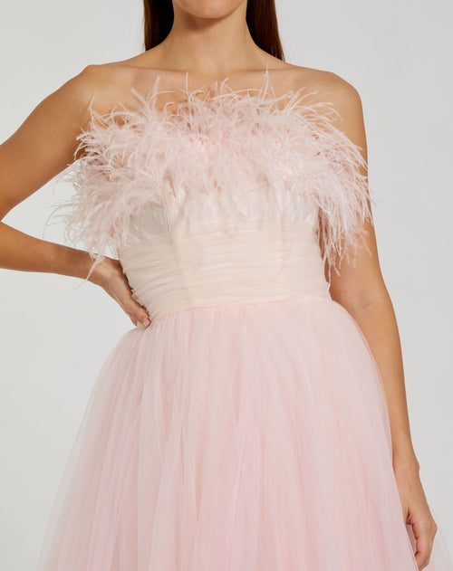 Strapless Feather Bodice Tulle Gown