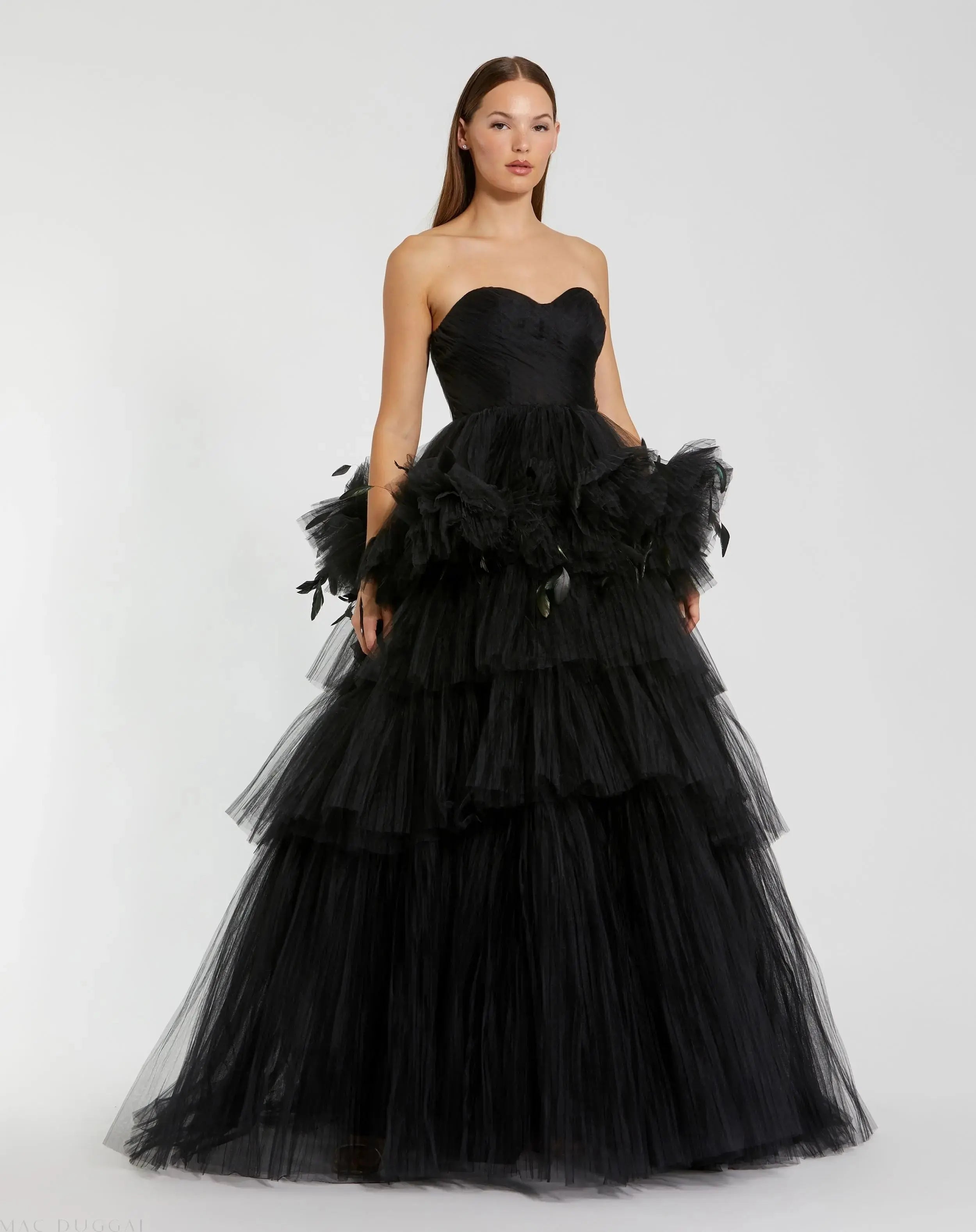 Black Strapless Tulle Gown with Feather Detail - Mac Duggal