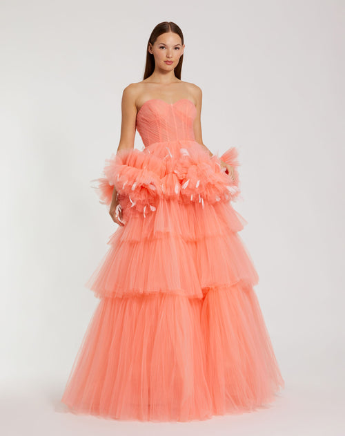 Strapless Tulle Gown with Feather Detail