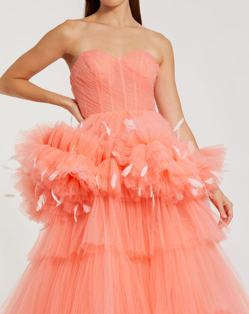 Strapless Tulle Gown with Feather Detail