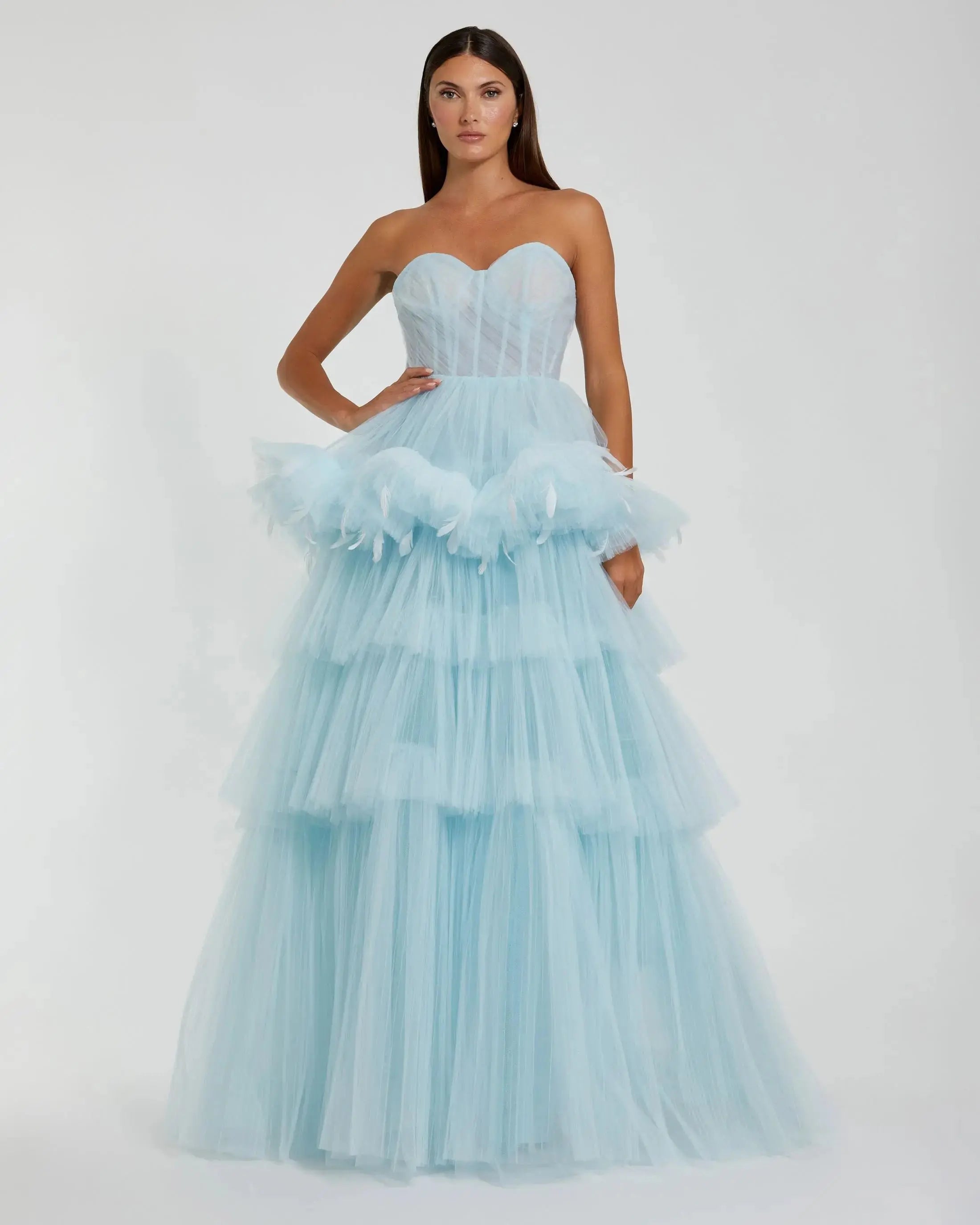 Blue Strapless Tulle Gown with Feather Detail - Mac Duggal