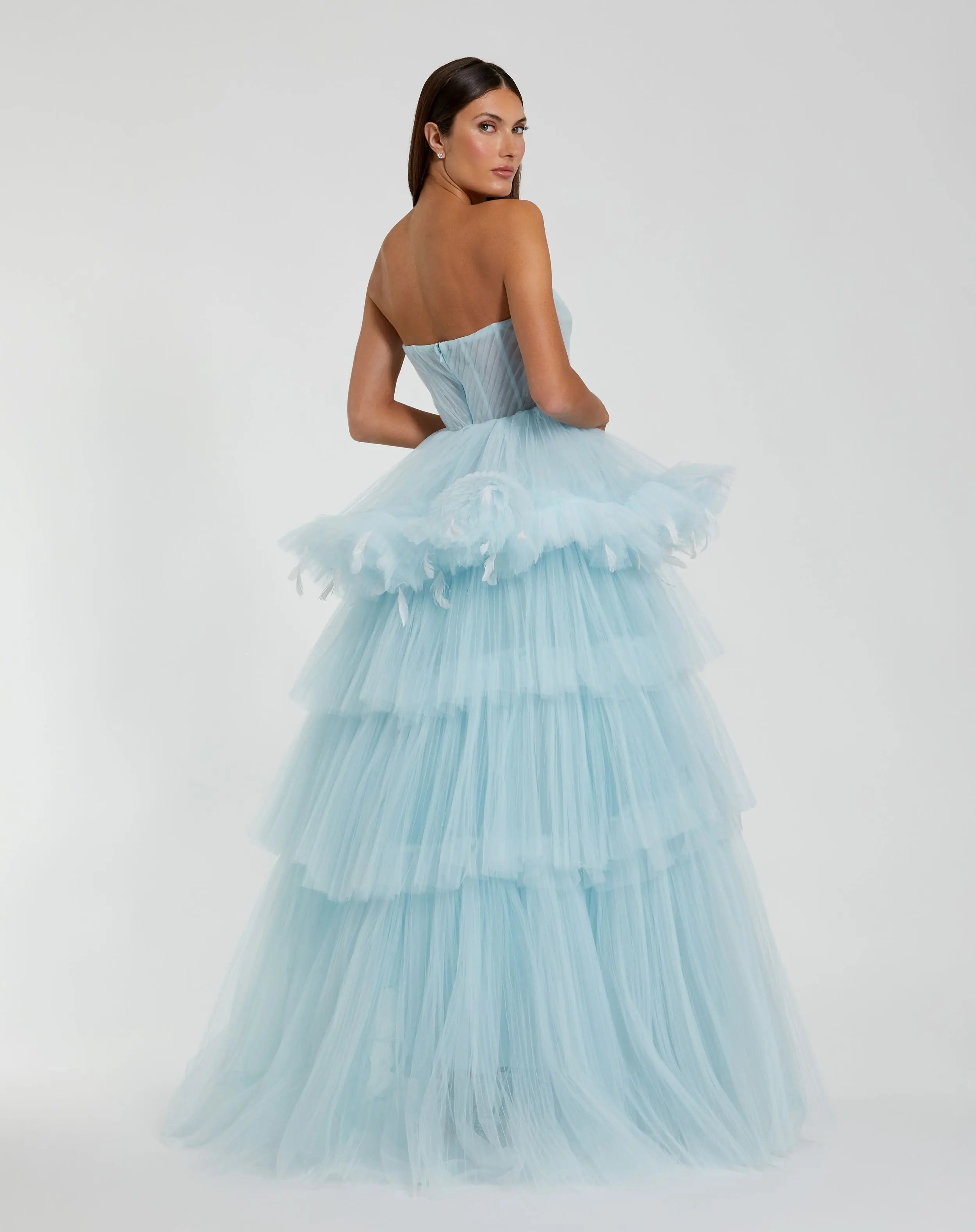Blue Strapless Tulle Gown with Feather Detail - Mac Duggal