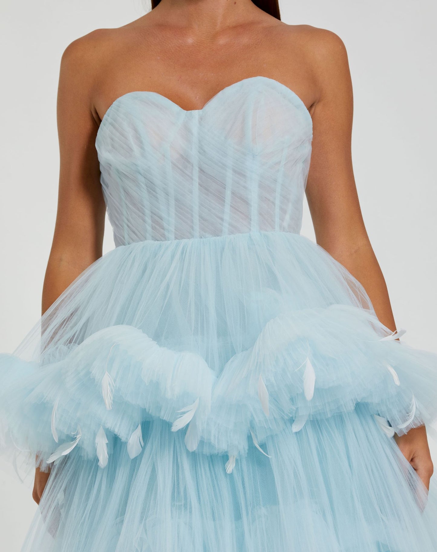 Strapless Tulle Gown with Feather Detail