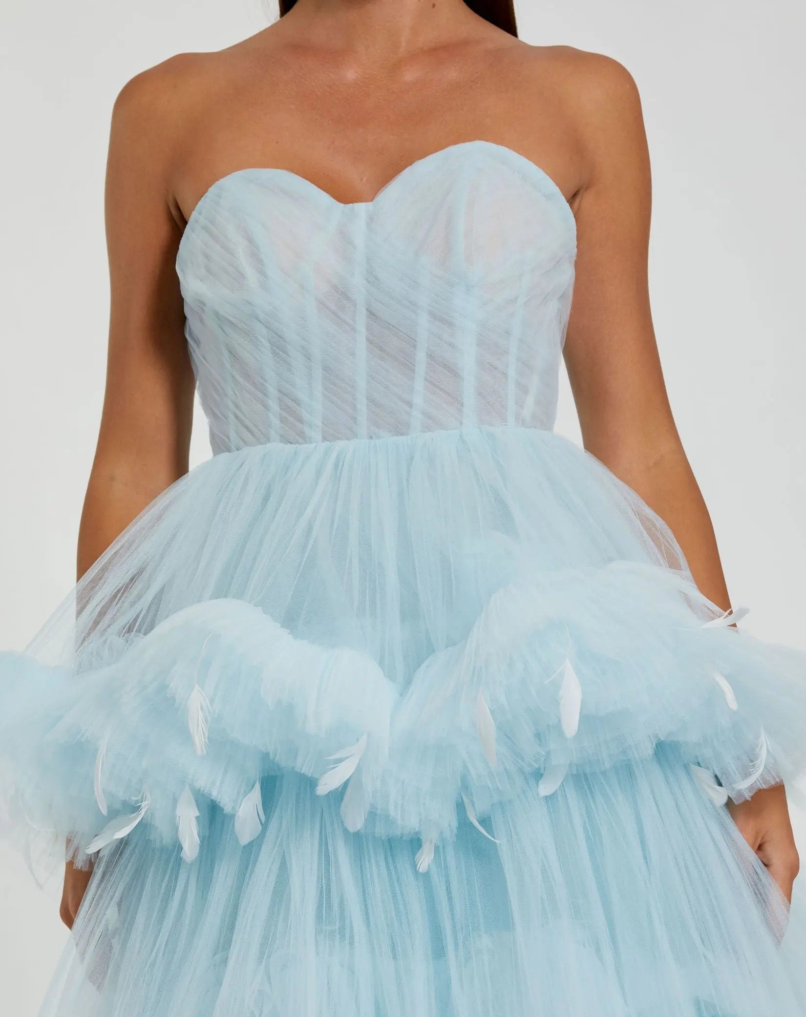 Blue Strapless Tulle Gown with Feather Detail - Mac Duggal