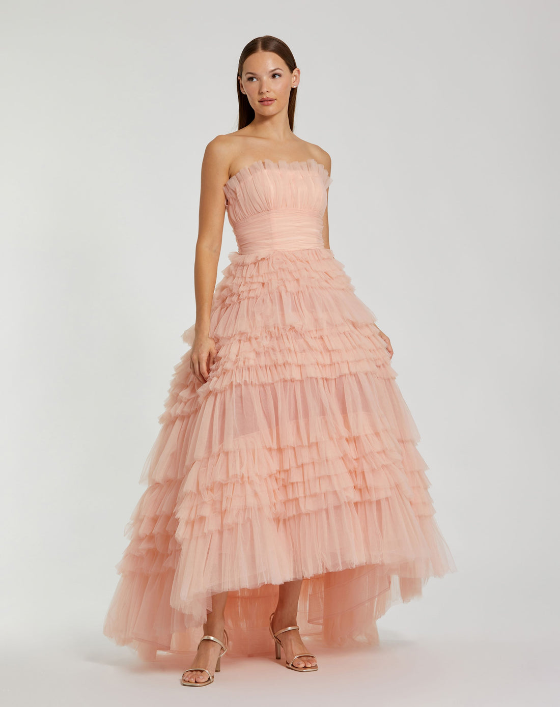 Strapless Tulle Ruffle Gown