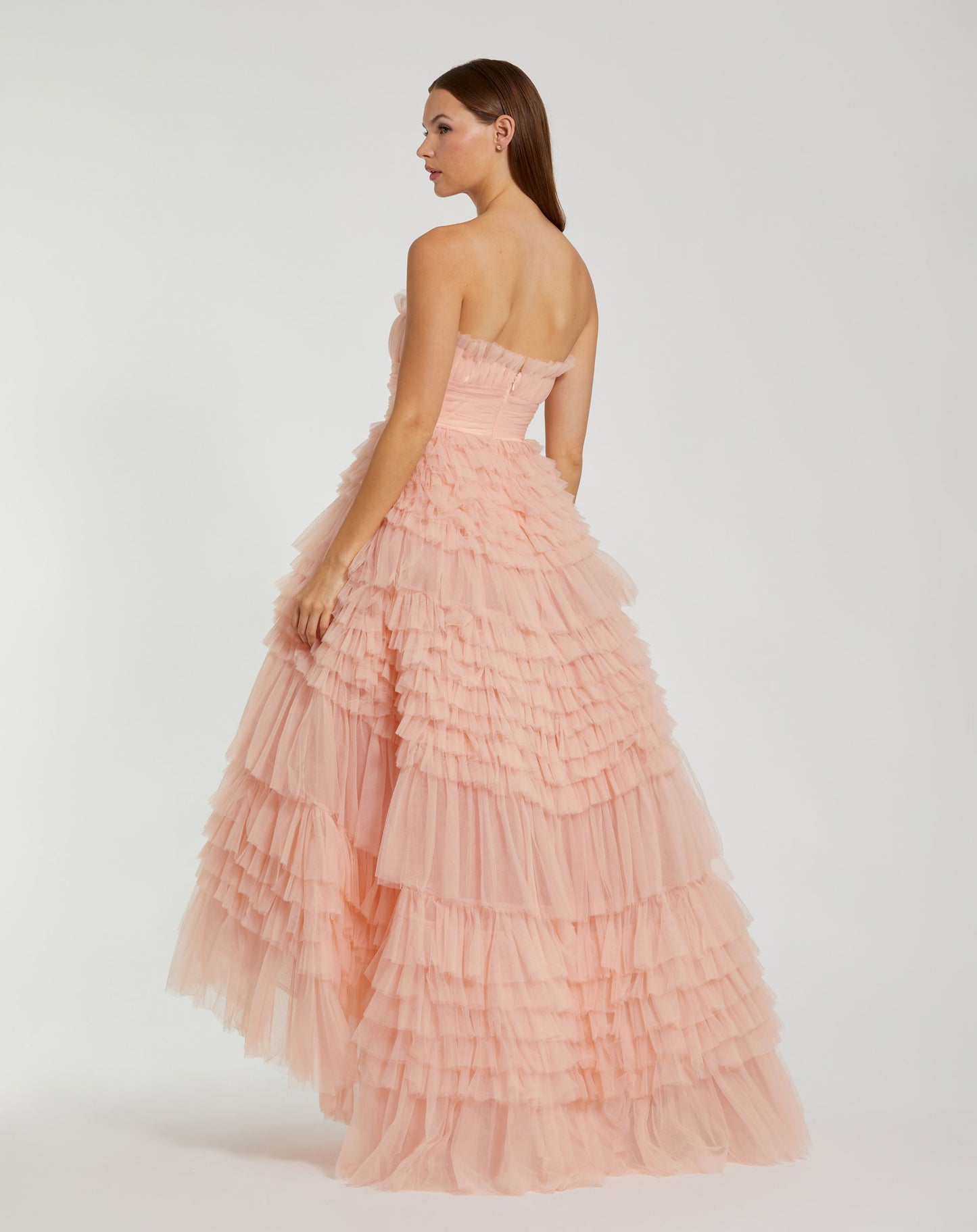 Strapless Tulle Ruffle Gown