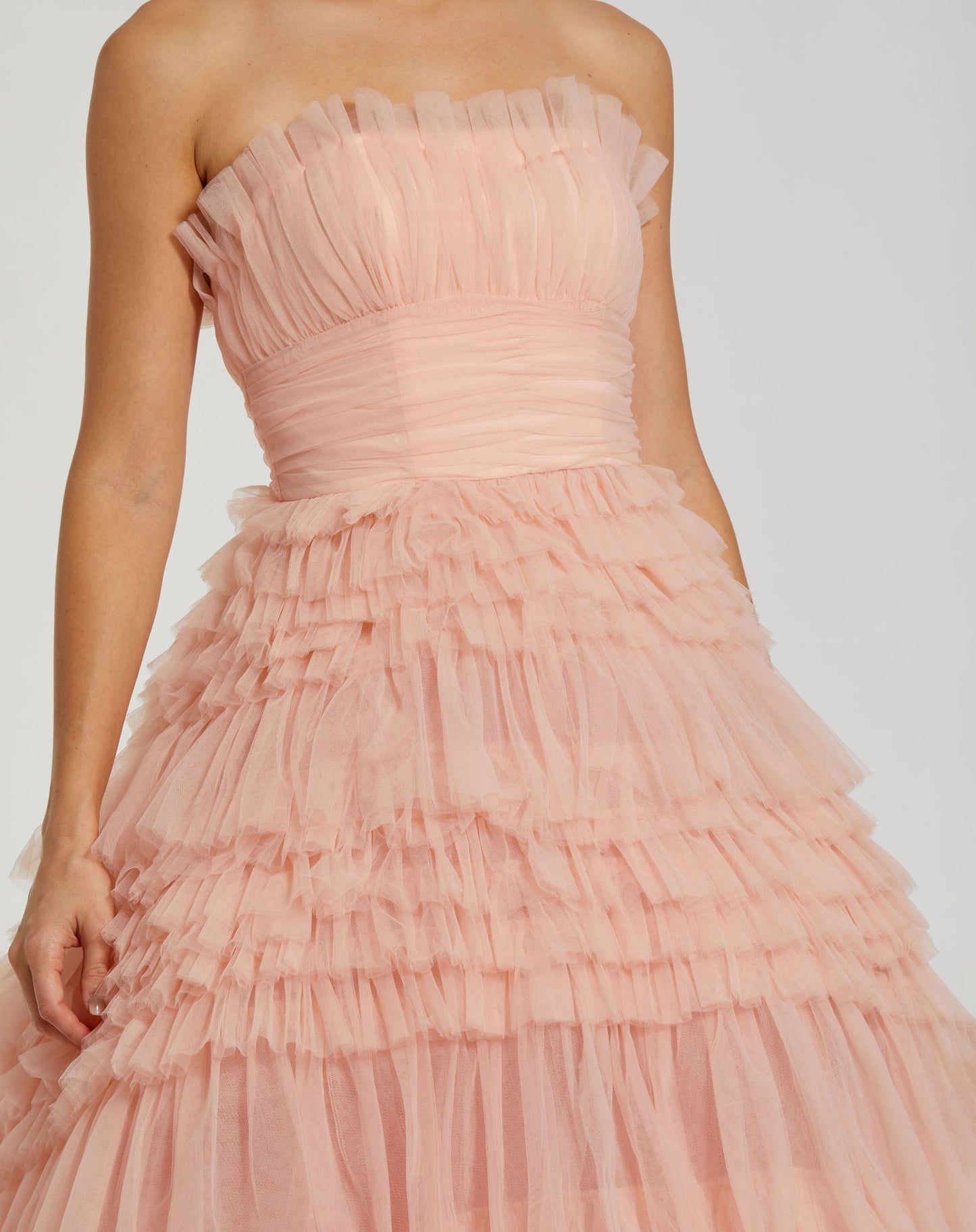 Strapless Tulle Ruffle Gown