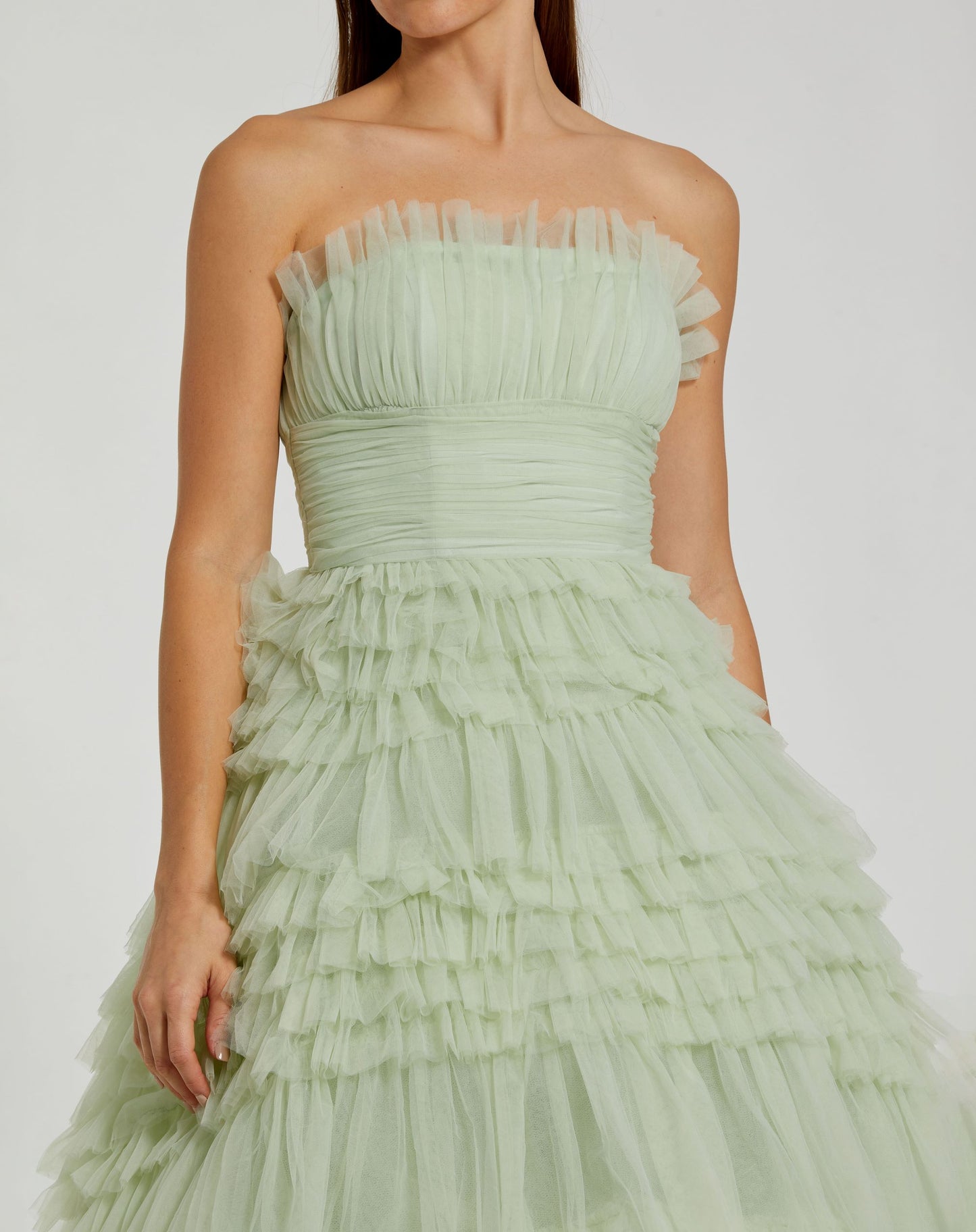 Strapless Tulle Ruffle Gown