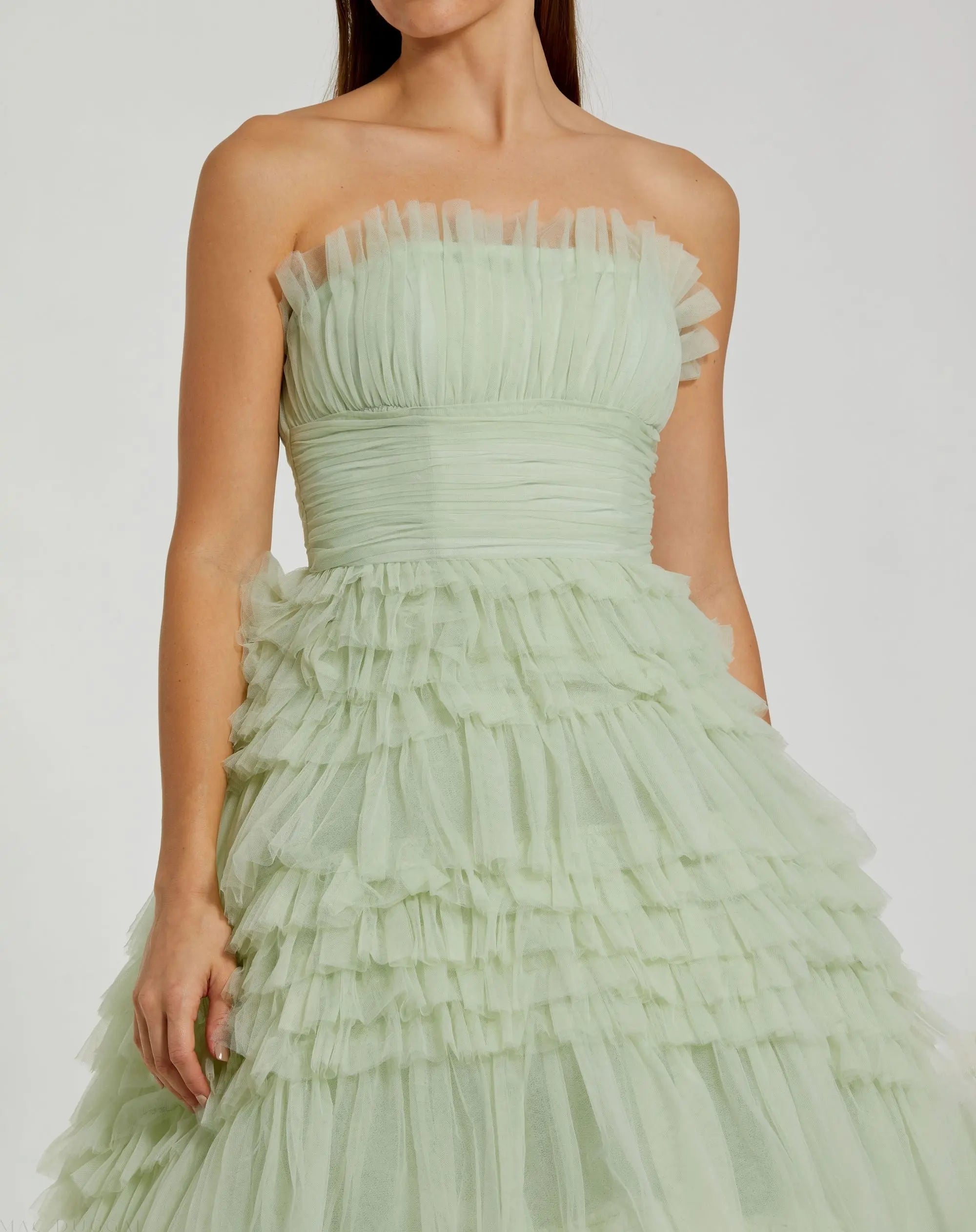 Green Strapless Tulle Ruffle Gown - Mac Duggal