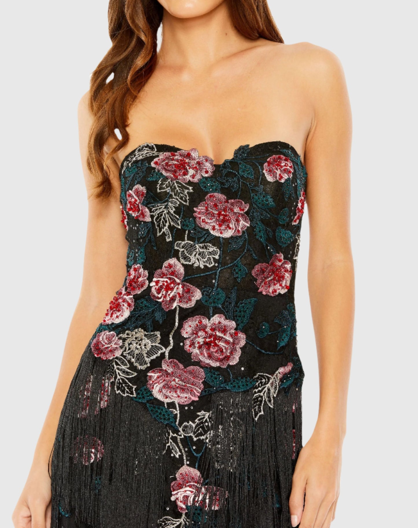 Strapless Floral Embroidered Midi Dress With Fringe Detailing