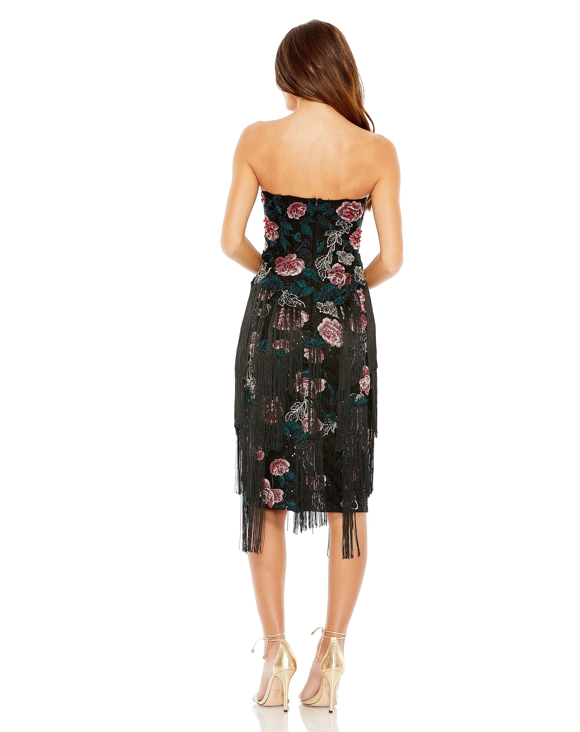 Strapless Floral Embroidered Midi Dress With Fringe Detailing