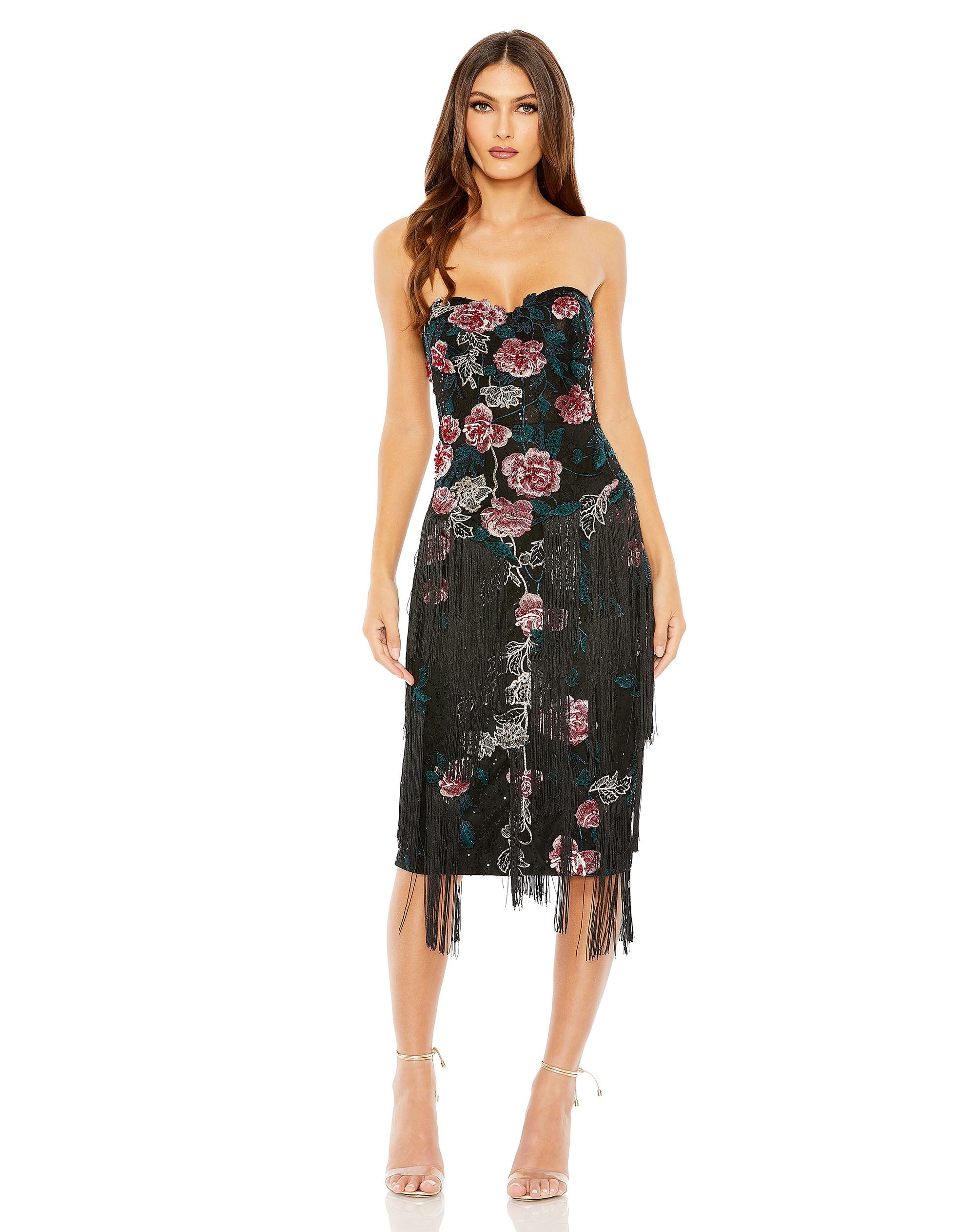 Strapless Floral Embroidered Midi Dress With Fringe Detailing