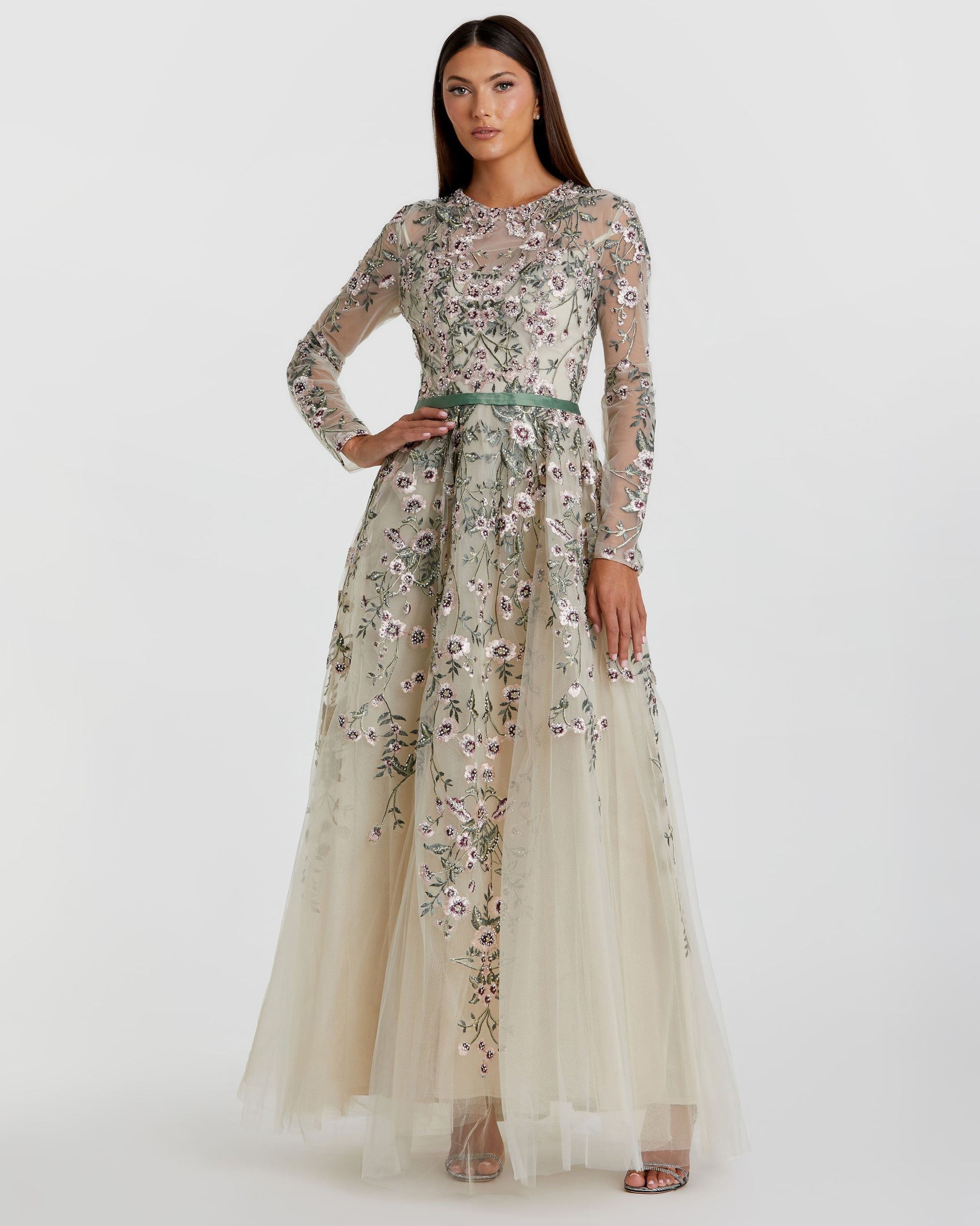 Long Sleeve Floral Embellished Gown