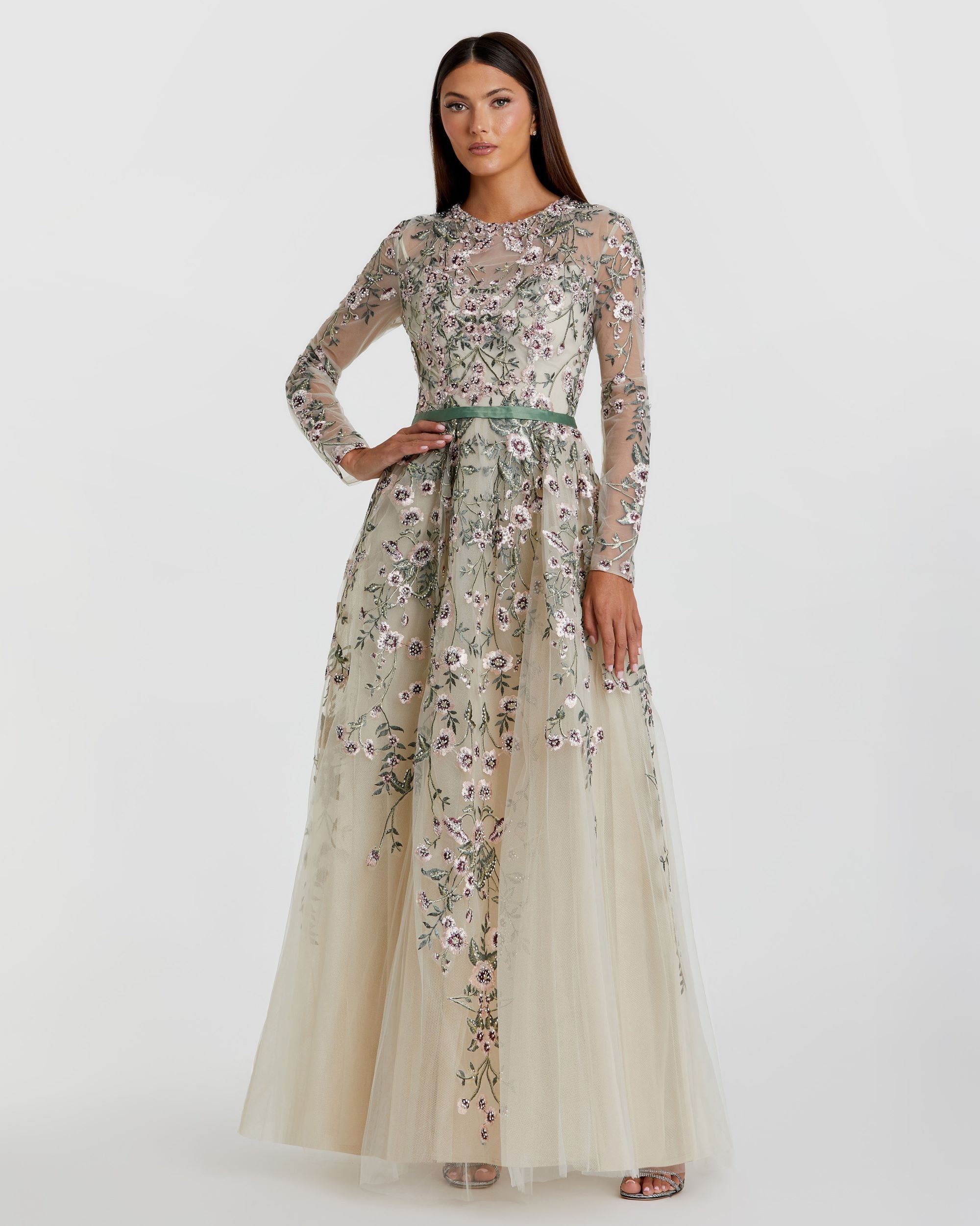 Multicolor Long Sleeve Floral Embellished A-Line Gown - Mac Duggal