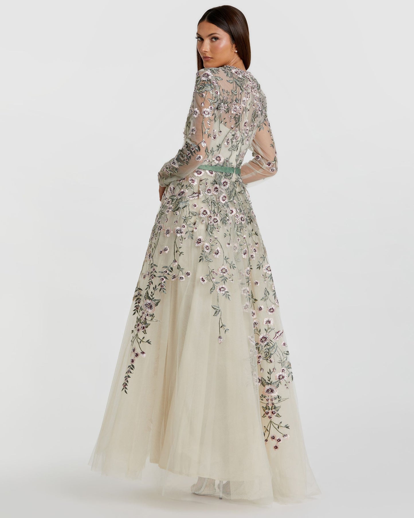 Long Sleeve Floral Embellished Gown