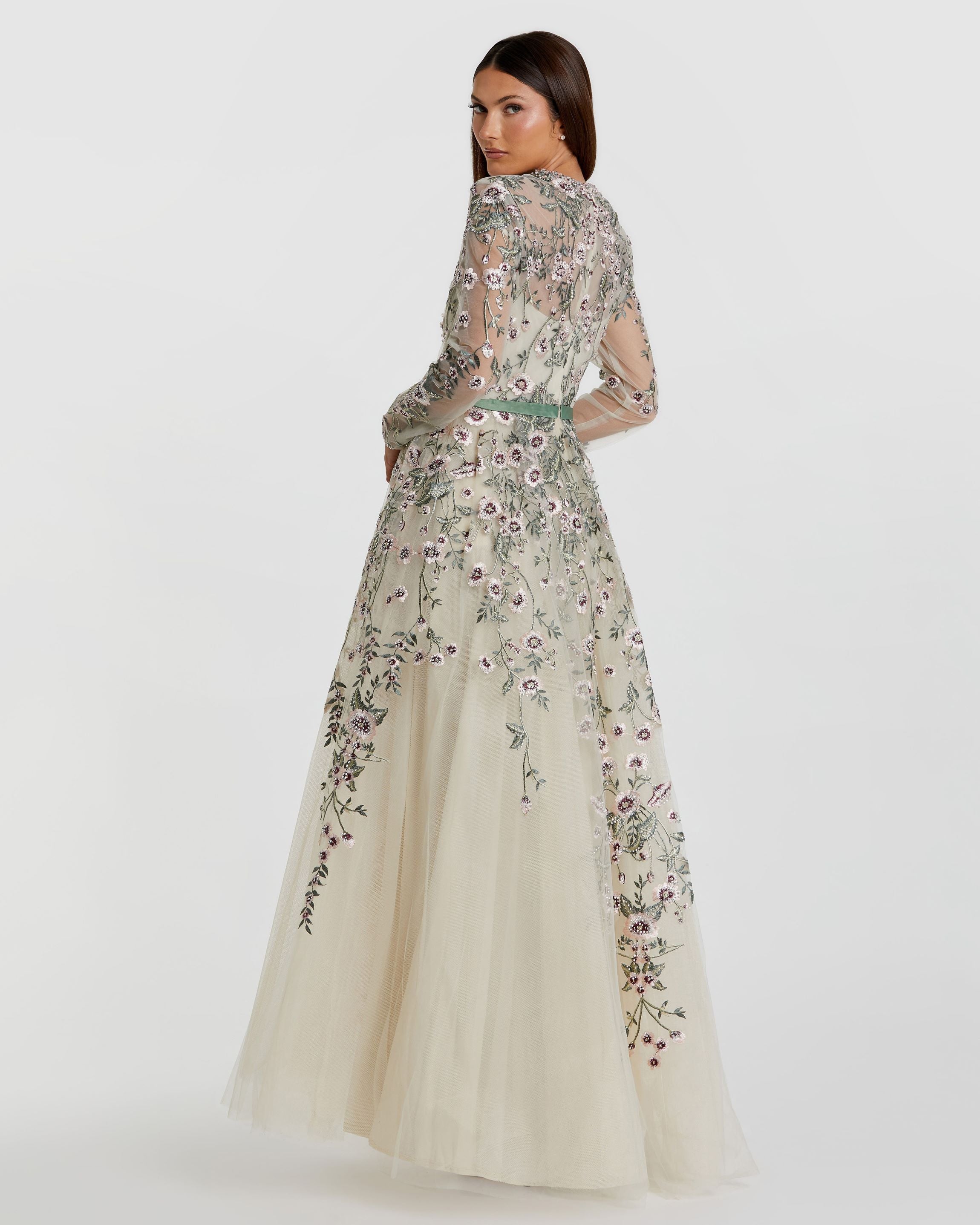 Multicolor Long Sleeve Floral Embellished A-Line Gown - Mac Duggal