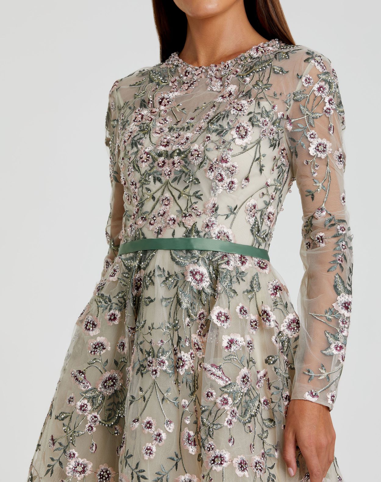 Long Sleeve Floral Embellished Gown