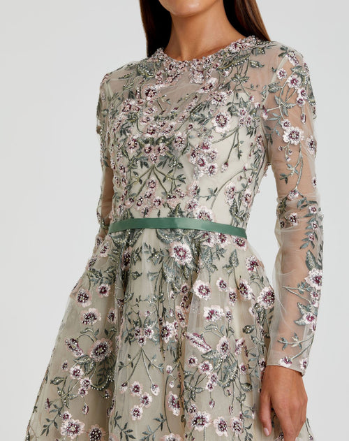 Long Sleeve Floral Embellished Gown